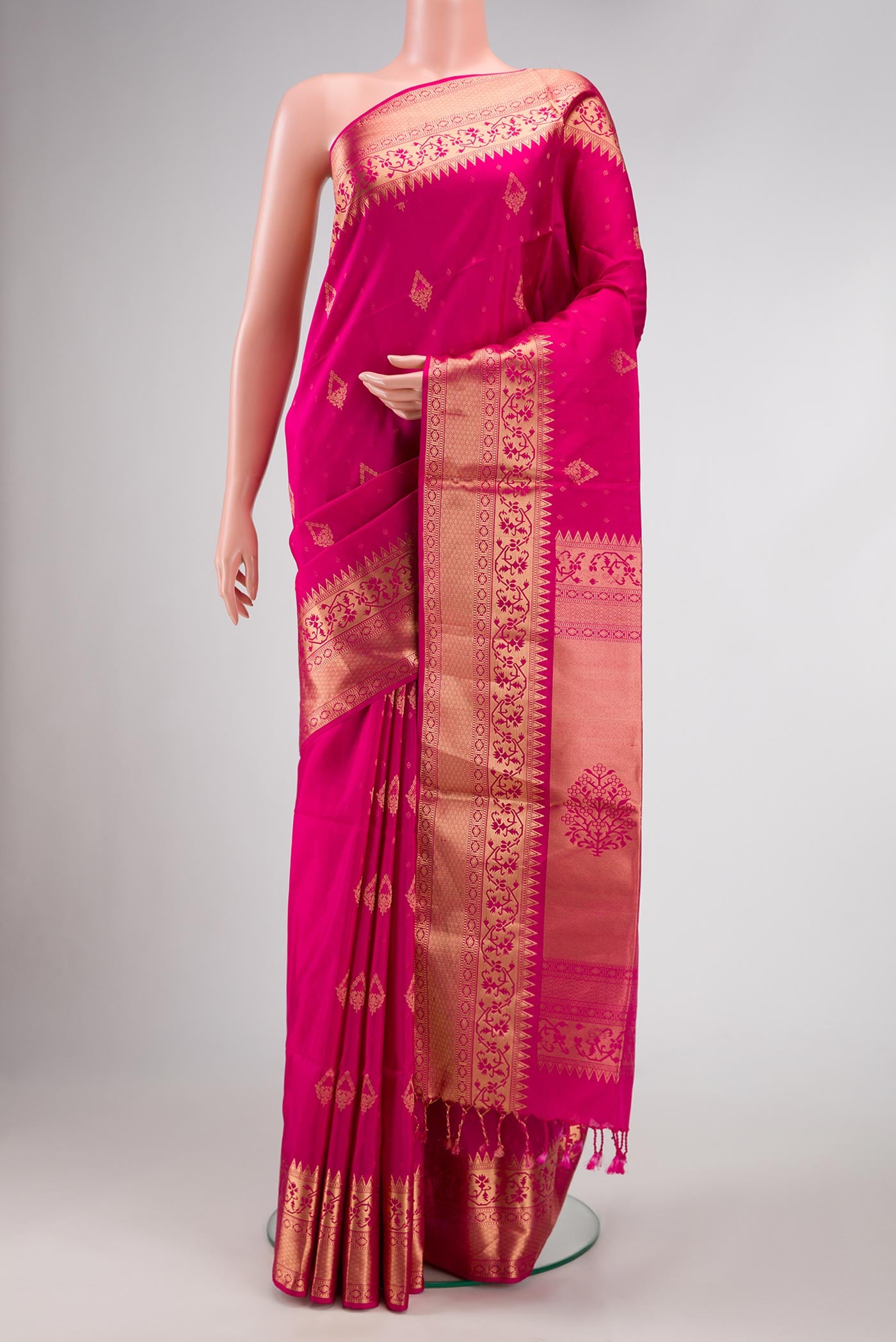 Pink Dual Tone Soft Silk Saree with Zari Butta on the body and Zari Border.  displayed on a mannequin