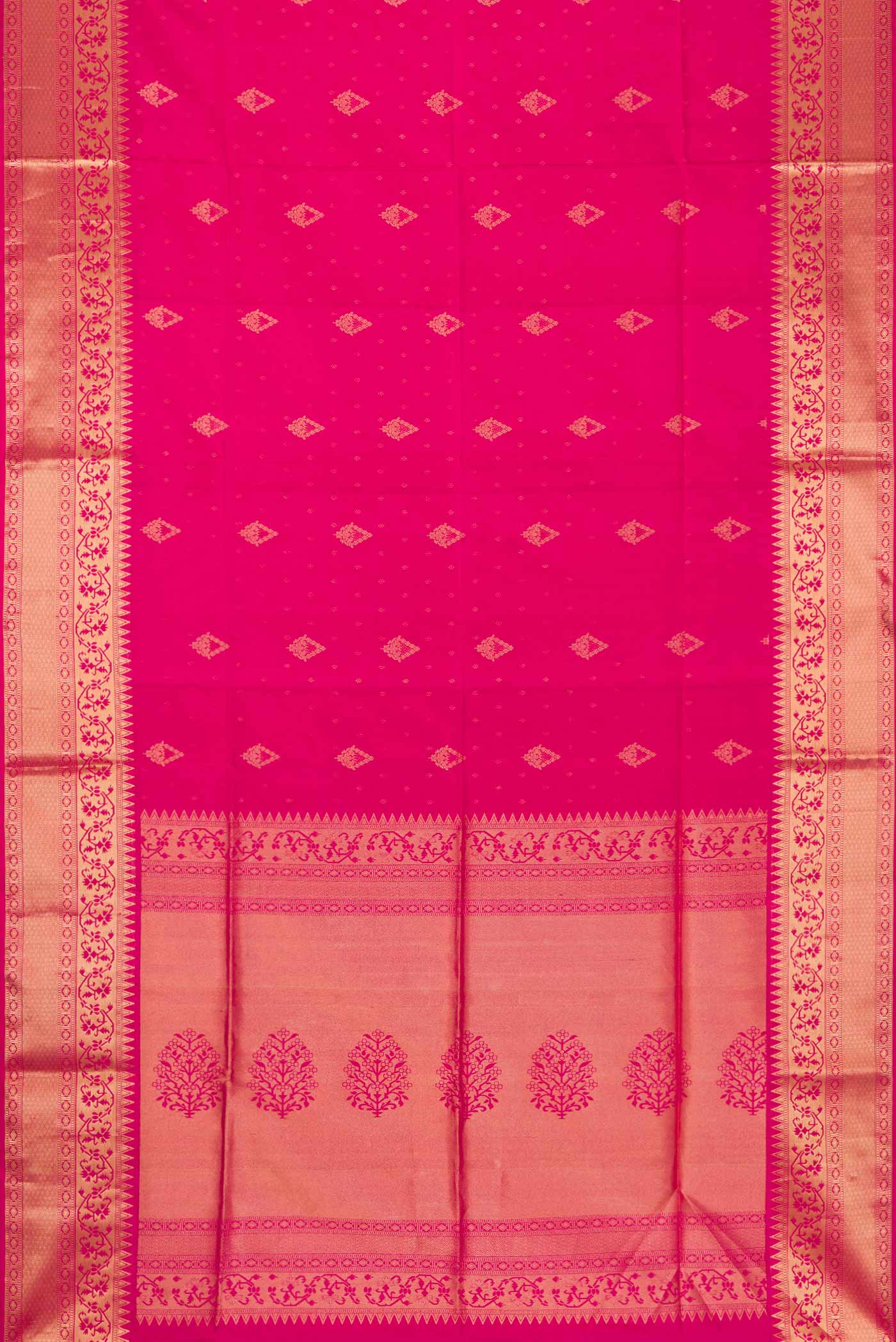 Flat view of Pink Dual Tone Soft Silk Saree with Zari Butta on the body and Zari Border. 