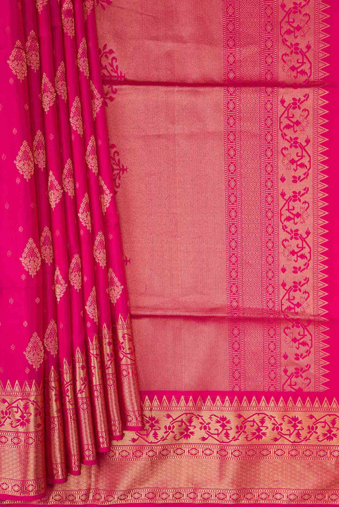 Pleats and pallu of Pink Dual Tone Soft Silk Saree with Zari Butta on the body and Zari Border. 