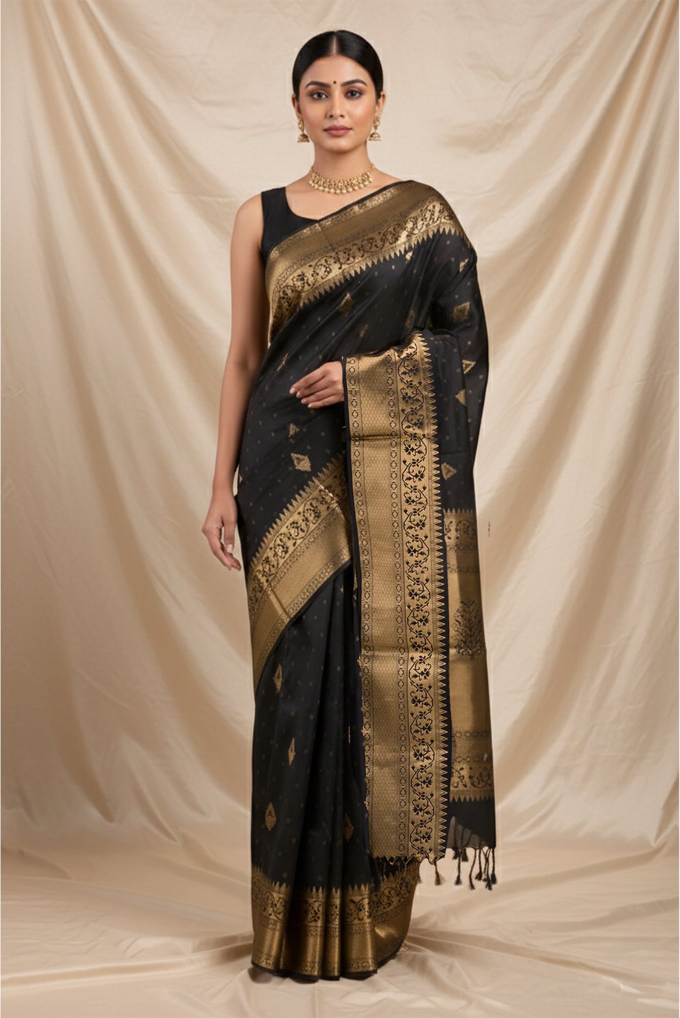 Model wearing a Black Dual Tone Soft Silk Saree with Zari Butta on the body and Zari Border.