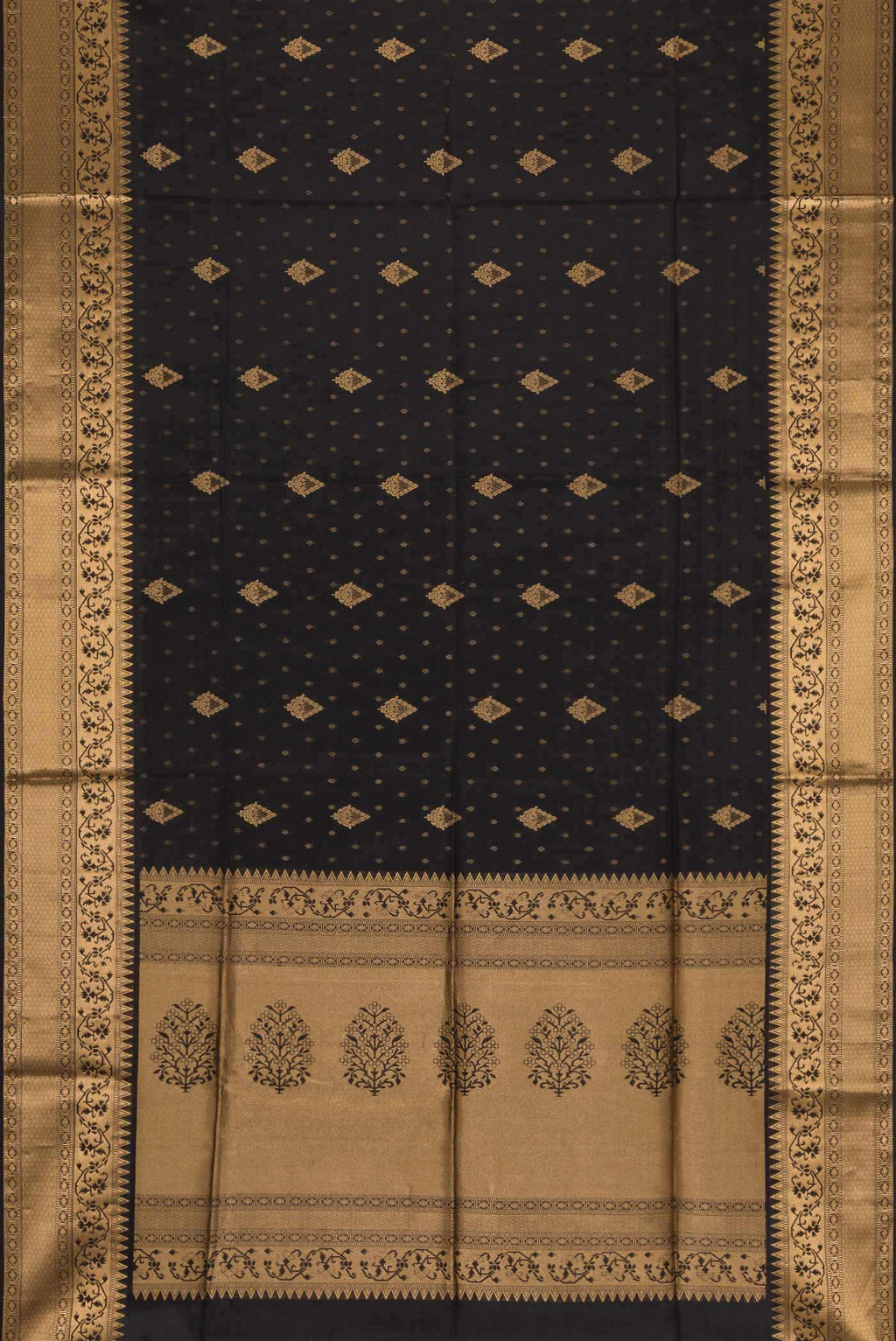 Flat view of Black Dual Tone Soft Silk Saree with Zari Butta on the body and Zari Border. 