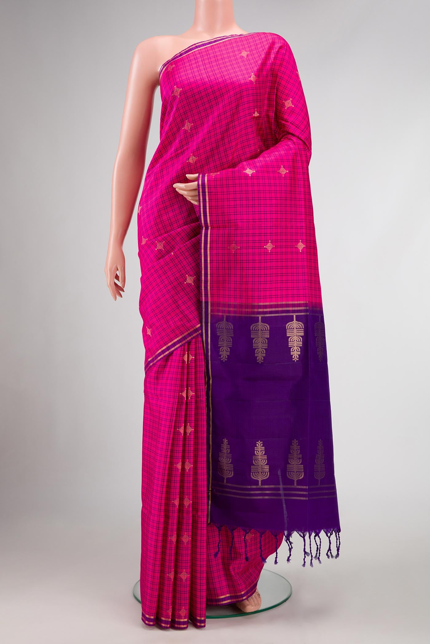 Pink Dual Tone Soft Silk Saree with Zari Butta on the body and Zari Border.  displayed on a mannequin