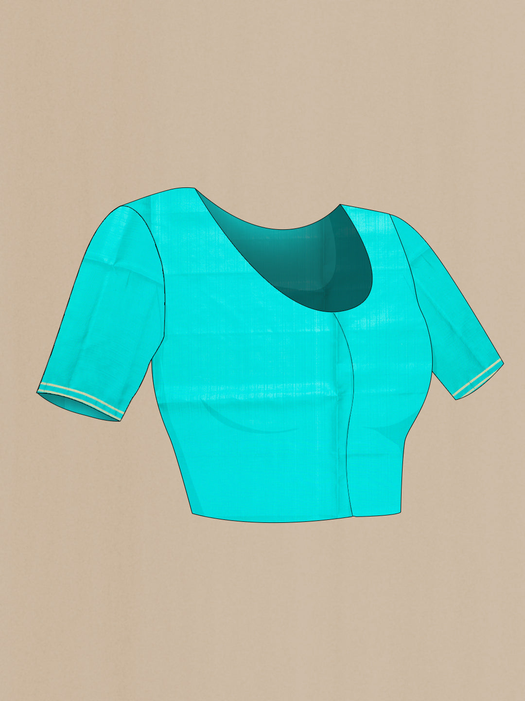 Close up image of the blouse of Parrot Green Dual Tone Soft Silk Saree with Zari Butta on the body and Zari Border. 