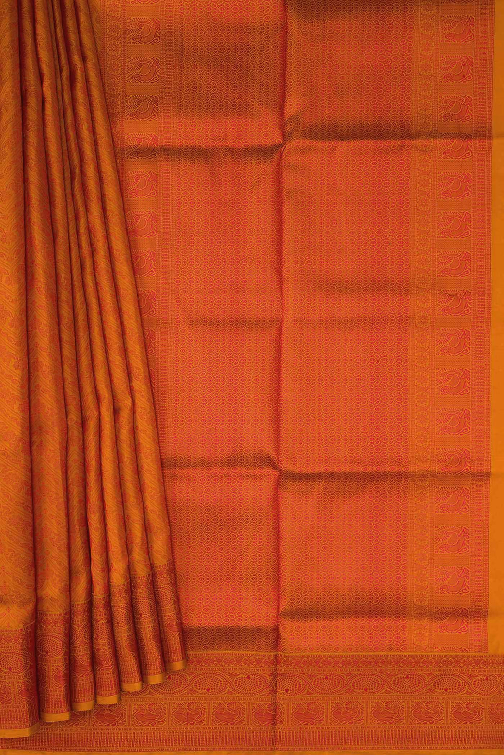 Pleats and pallu of Orange Dual Tone Soft Silk Saree with Jacquard design on the body and Thread Border