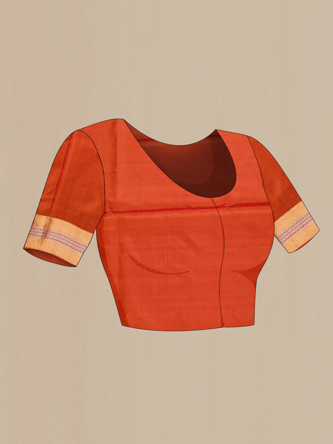 Close up image of the blouse of Orange Dual Tone Soft Silk Saree with Zari Butta on the body and Zari Border