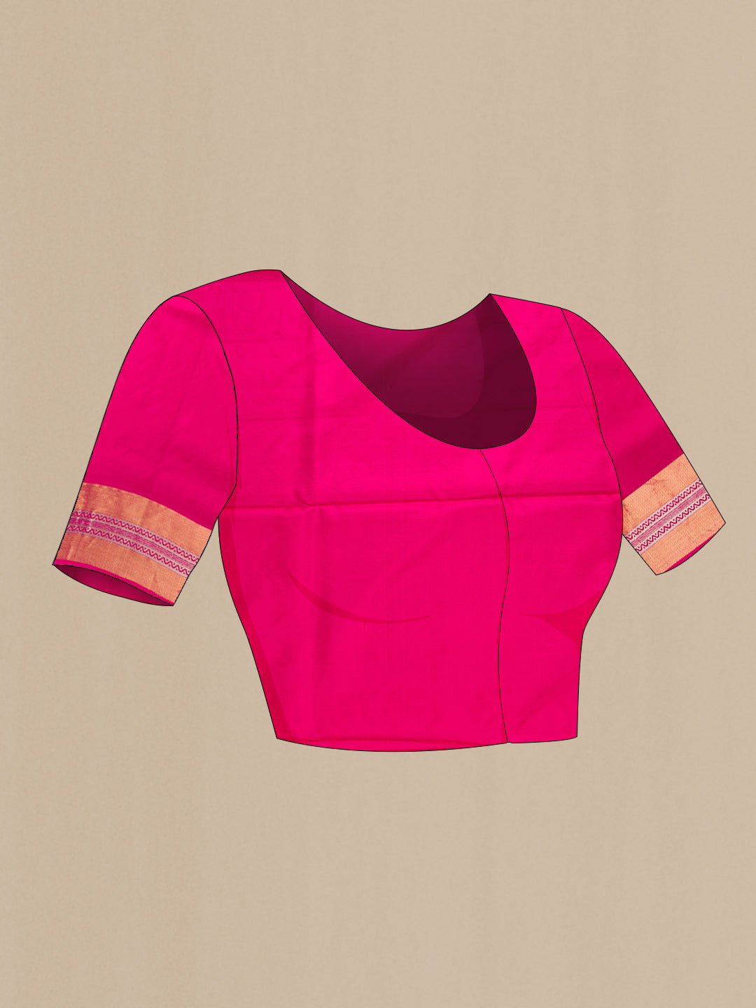 Close up image of the blouse of Dark Pink Dual Tone Soft Silk Saree with Zari Butta on the body and Zari Border. 