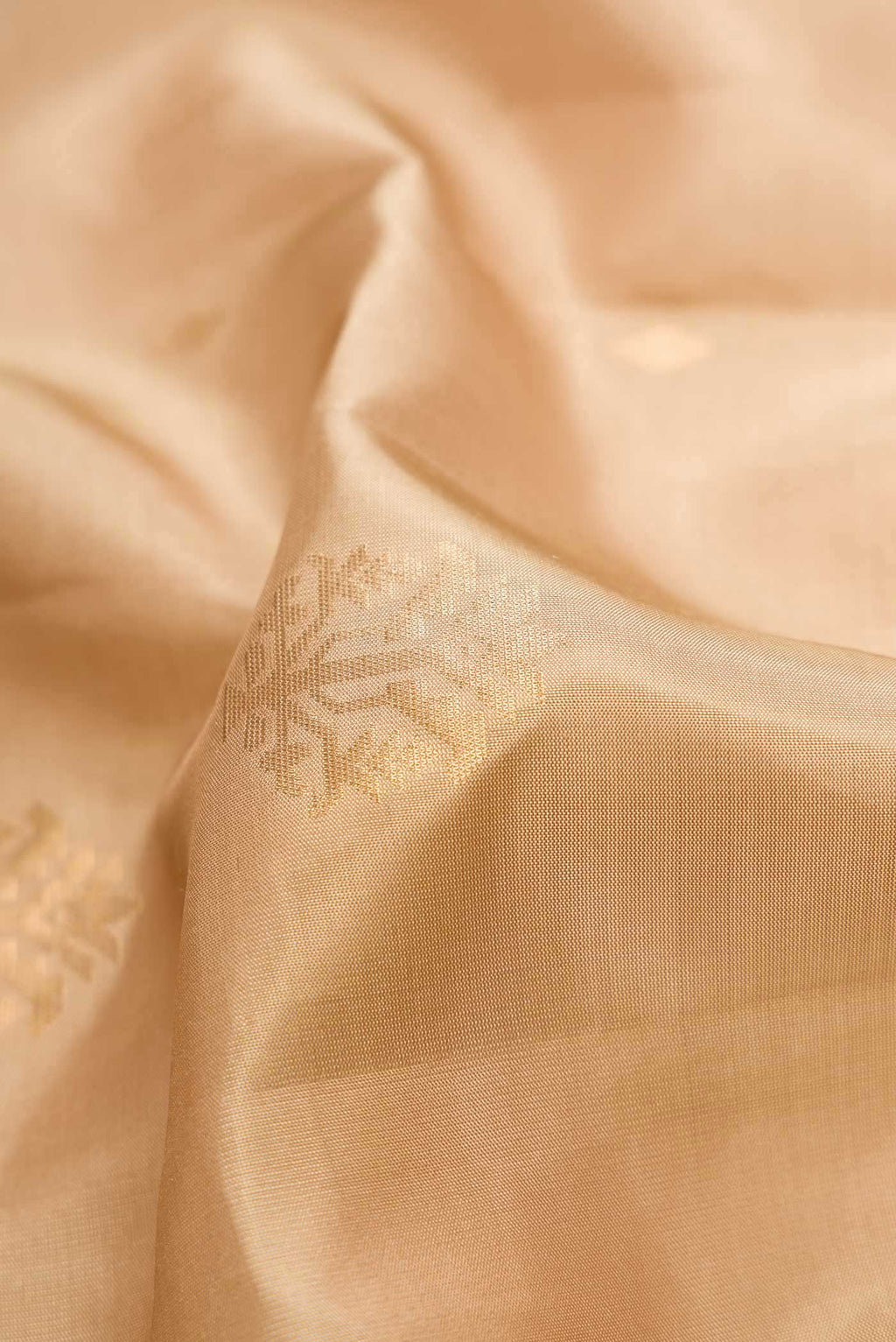 Close up of Dark Beige Dual Tone Soft Silk Saree with Zari Butta on the body and Zari Border.  displaying folds