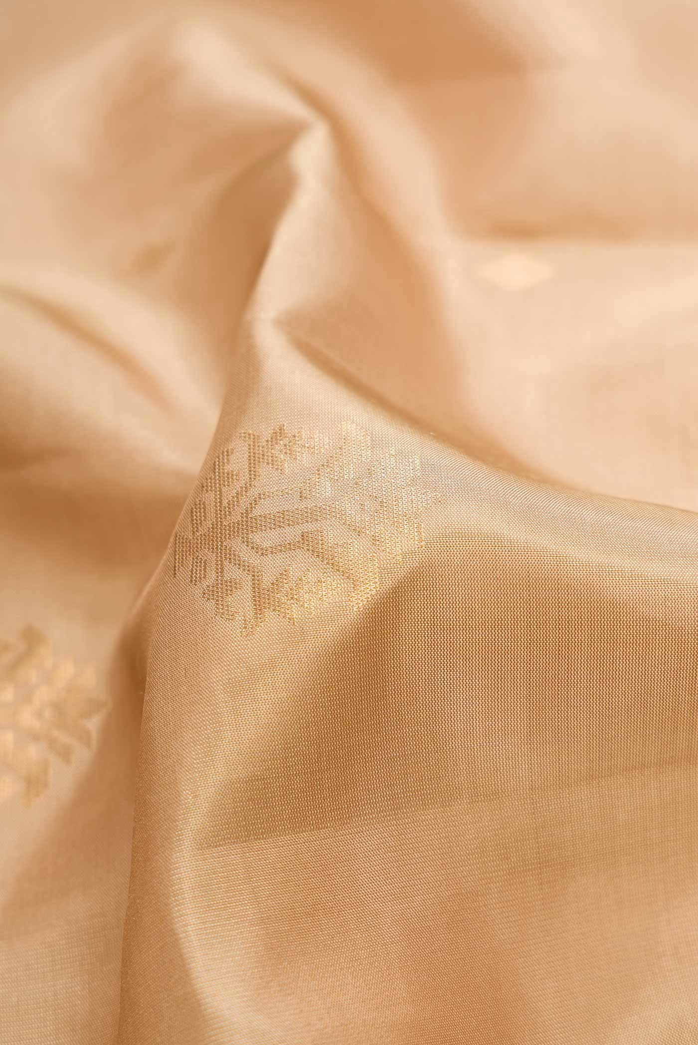Close up of Dark Beige Dual Tone Soft Silk Saree with Zari Butta on the body and Zari Border.  displaying folds