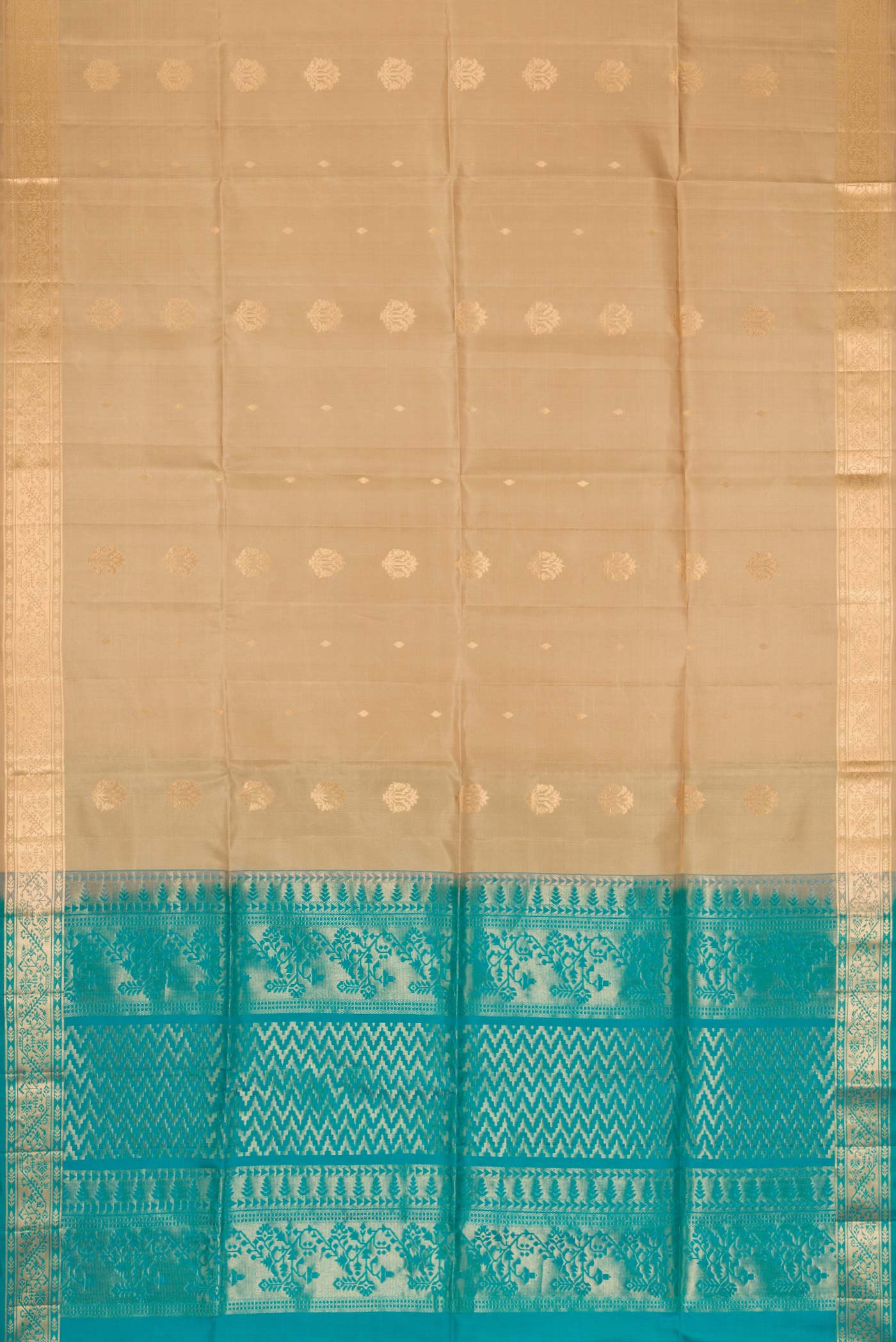 Flat view of Dark Beige Dual Tone Soft Silk Saree with Zari Butta on the body and Zari Border. 