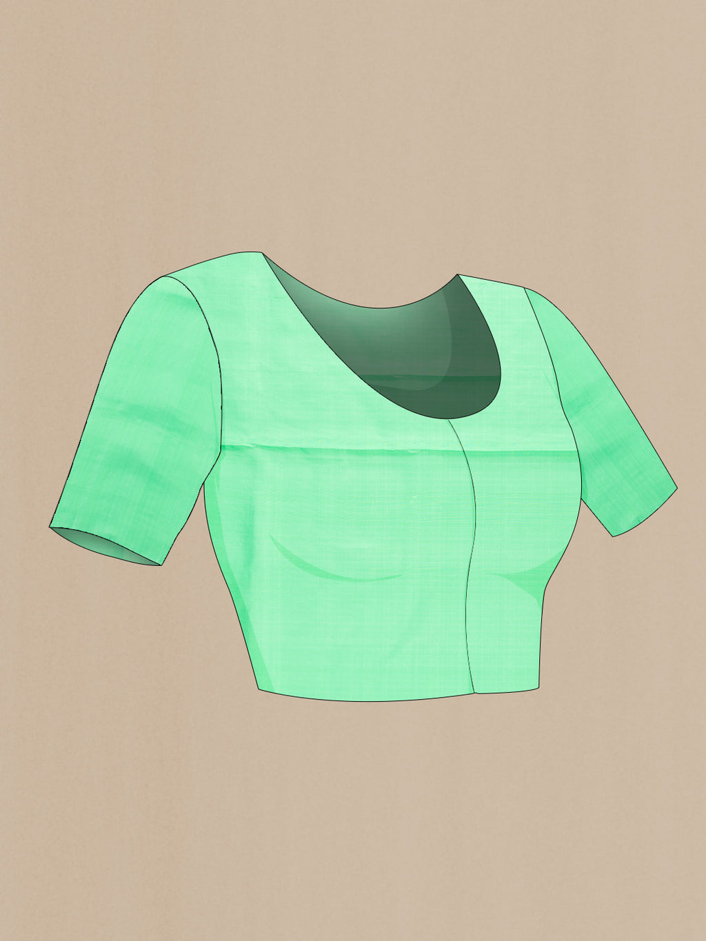 Close up image of the blouse of Black Dual Tone Soft Silk Saree with Zari Butta on the body and Without Border. 