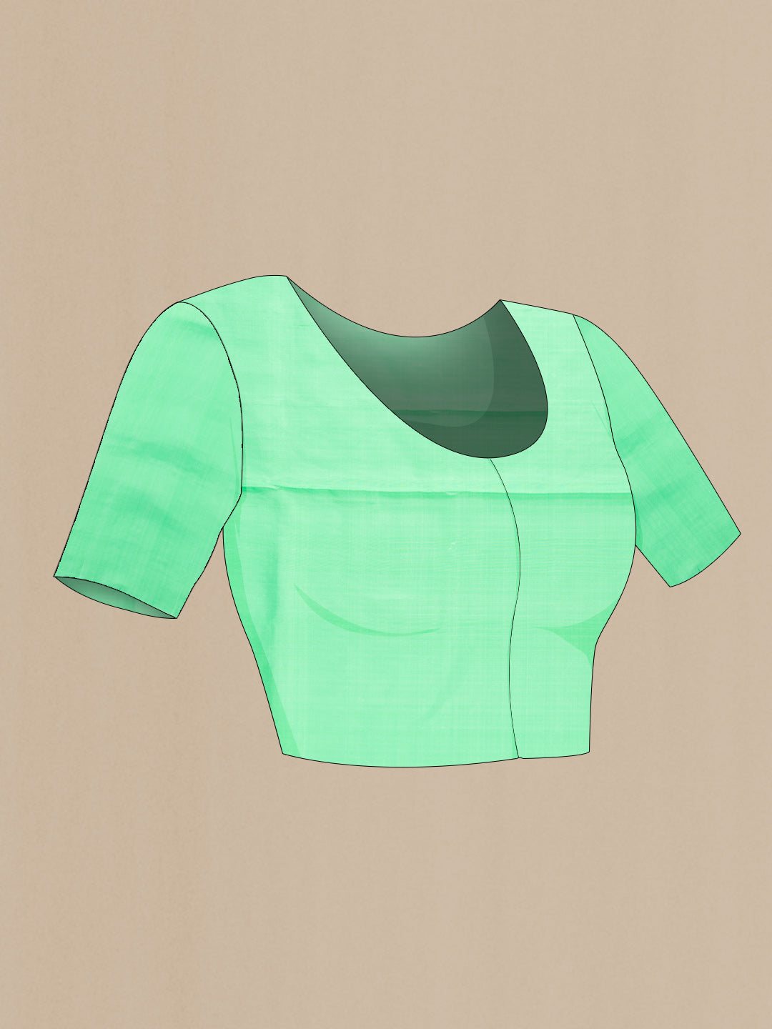 Close up image of the blouse of Black Dual Tone Soft Silk Saree with Zari Butta on the body and Without Border. 