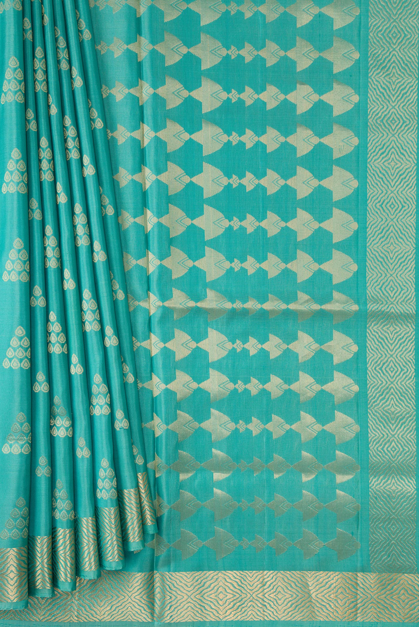 Pleats and pallu of Sky Blue Dual Tone Soft Silk Saree with Zari Butta on the body and Zari Border. 