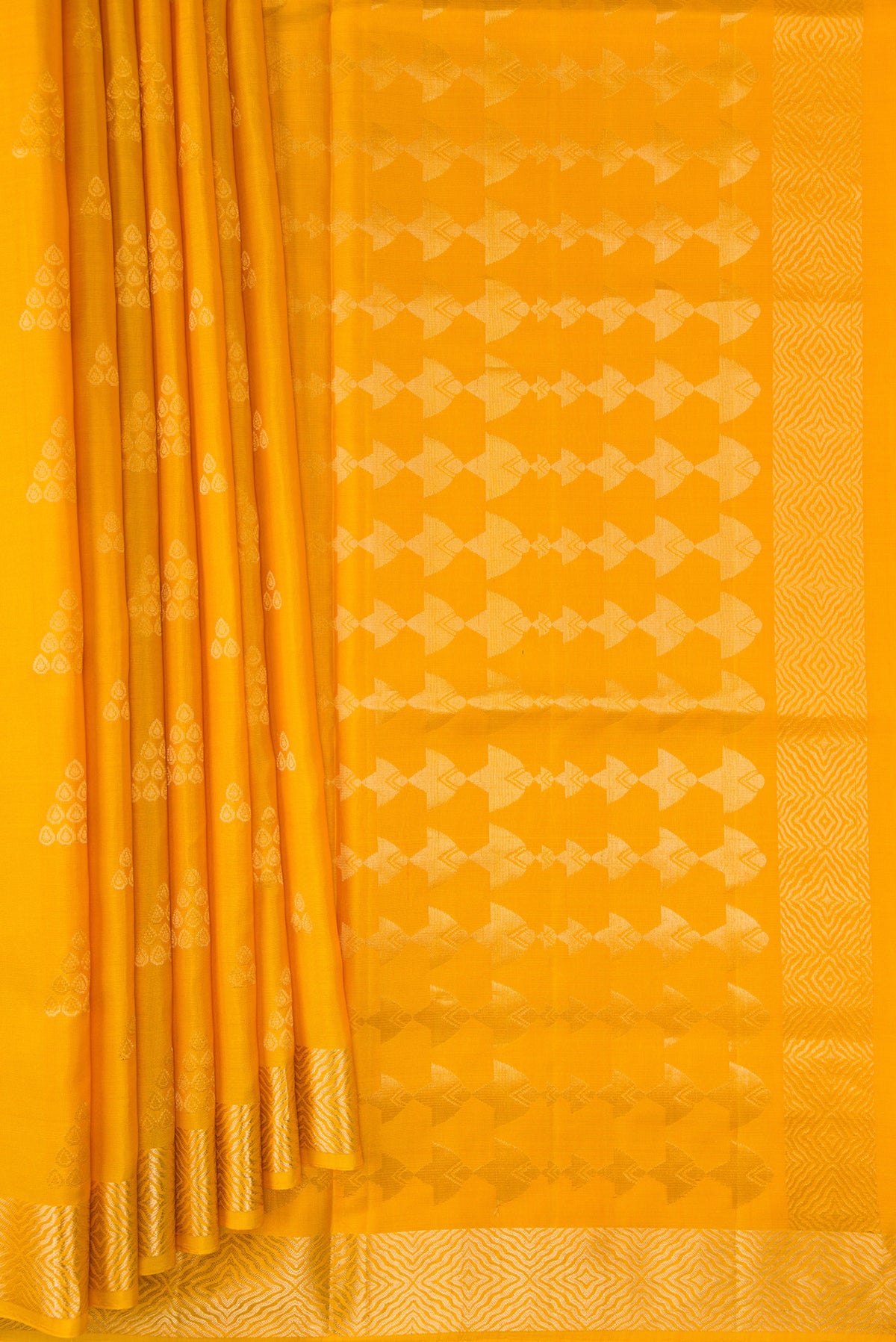 Pleats and pallu of Yellow Dual Tone Soft Silk Saree with Zari Butta on the body and Zari Border. 
