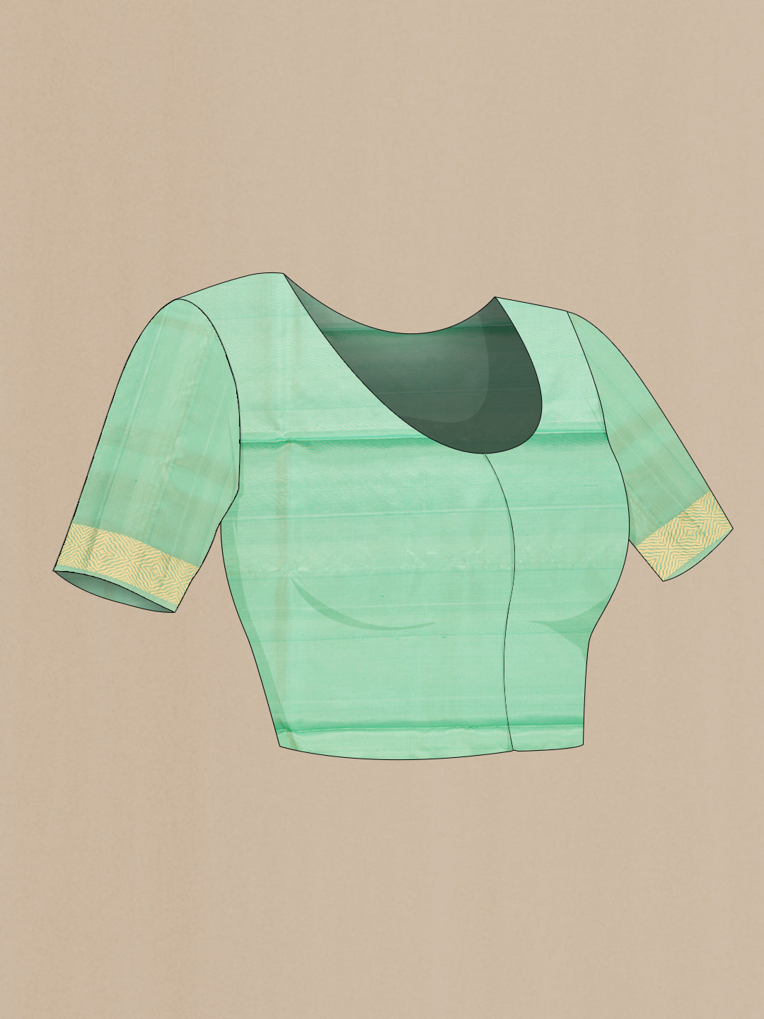 Close up image of the blouse of Sea Green Dual Tone Soft Silk Saree with Zari Butta on the body and Zari Border