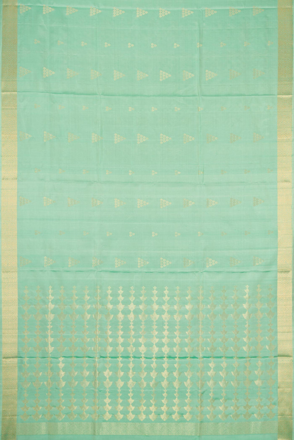 Flat view of Sea Green Dual Tone Soft Silk Saree with Zari Butta on the body and Zari Border