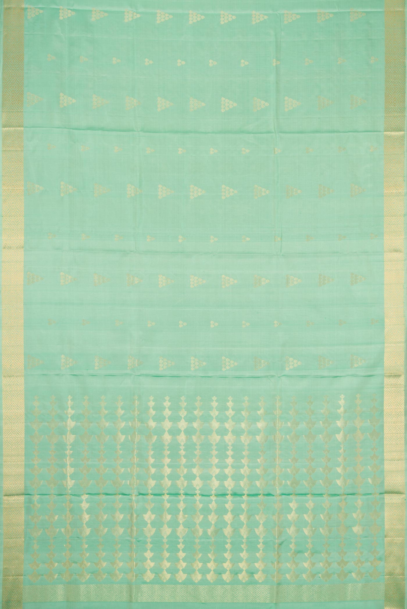 Flat view of Sea Green Dual Tone Soft Silk Saree with Zari Butta on the body and Zari Border