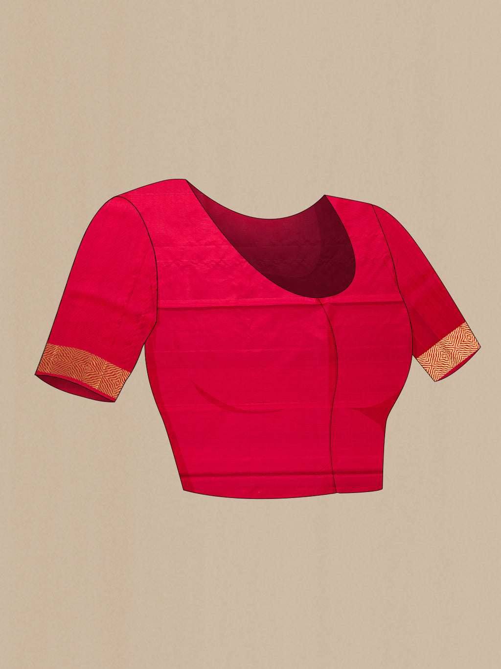 Close up image of the blouse of Maroon Dual Tone Soft Silk Saree with Zari Butta on the body and Zari Border. 