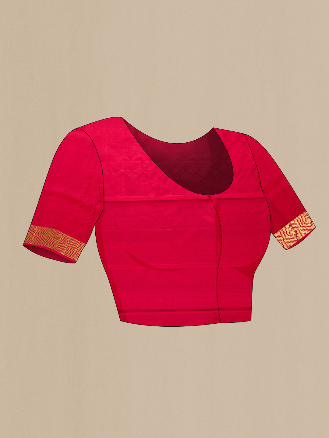 Close up image of the blouse of Maroon Dual Tone Soft Silk Saree with Zari Butta on the body and Zari Border. 