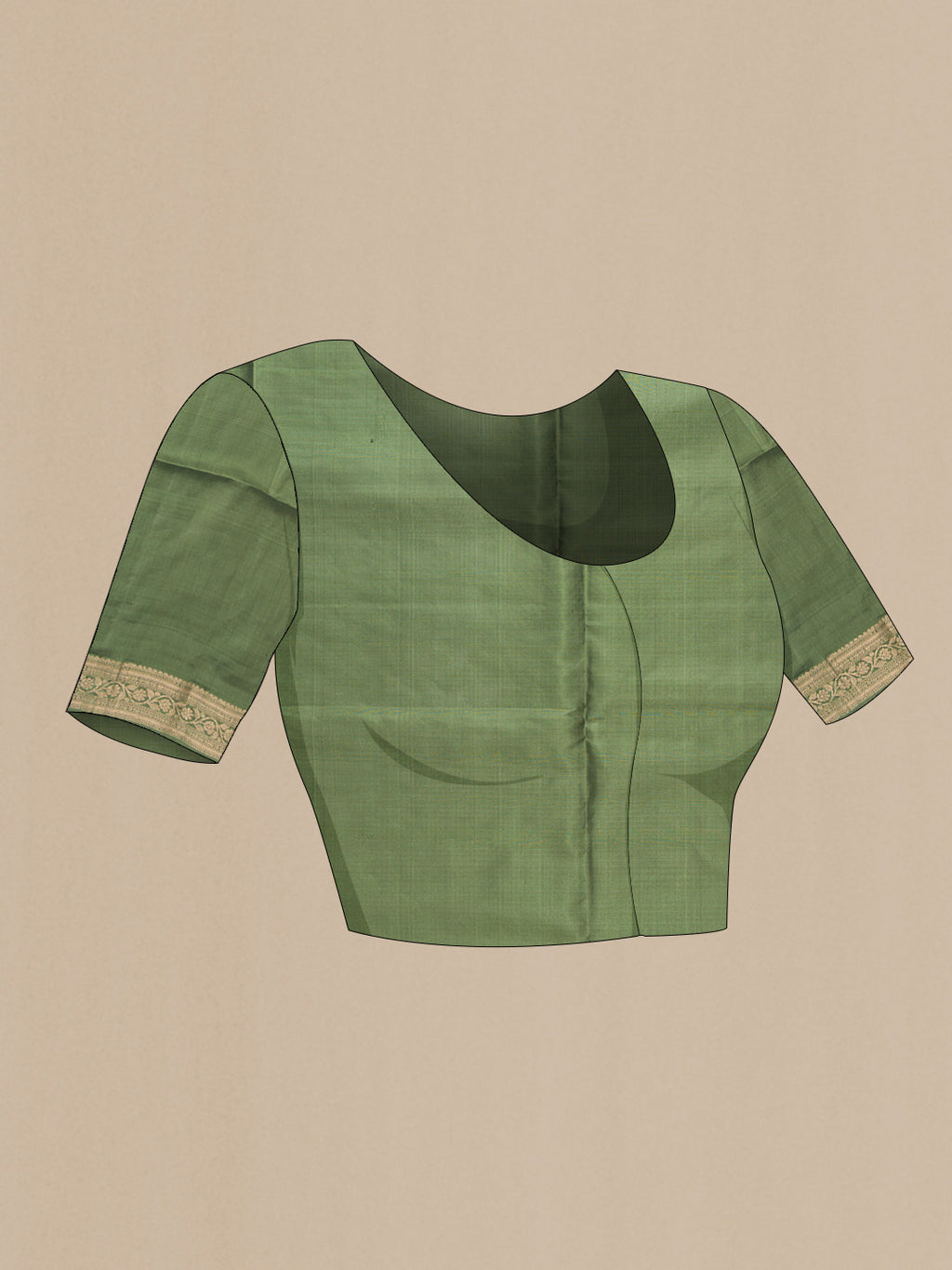 Close up image of the blouse of Grey Dual Tone Soft Silk Saree with Zari Butta on the body and Zari Border. 