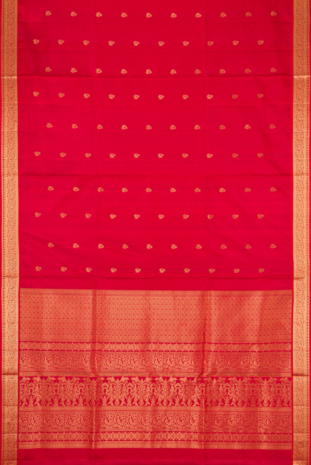 Flat view of Maroon Dual Tone Soft Silk Saree with Zari Butta on the body and Zari Border. 