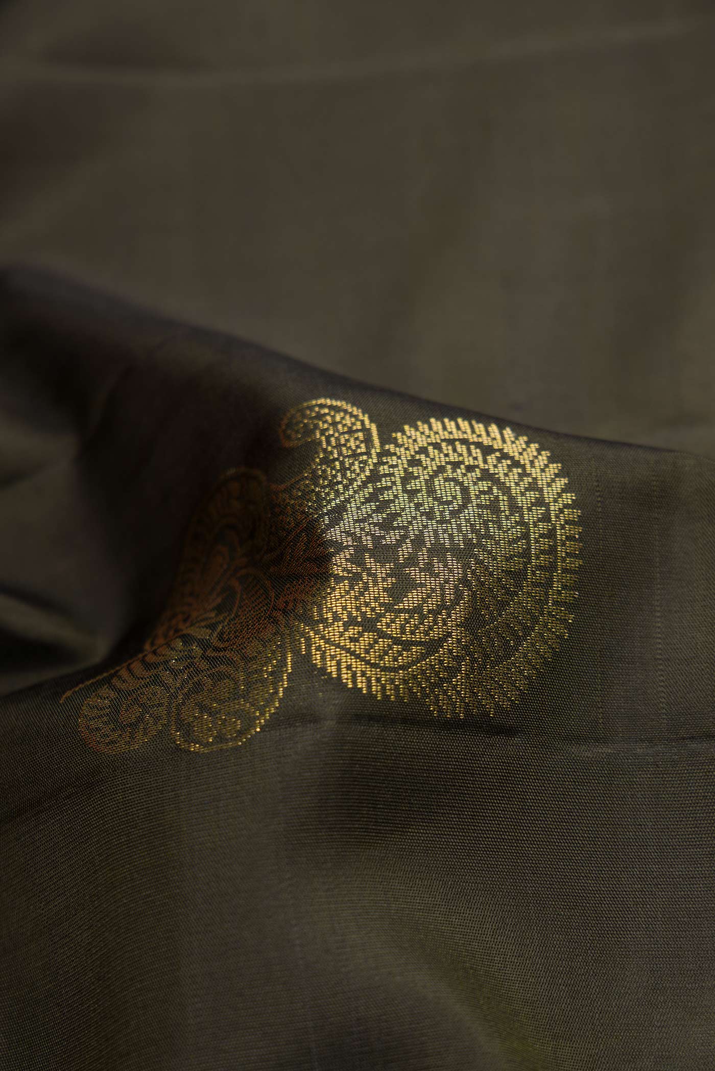 Close up of Bottle Green Dual Tone Soft Silk Saree with Zari Butta on the body and Without Border.  displaying folds