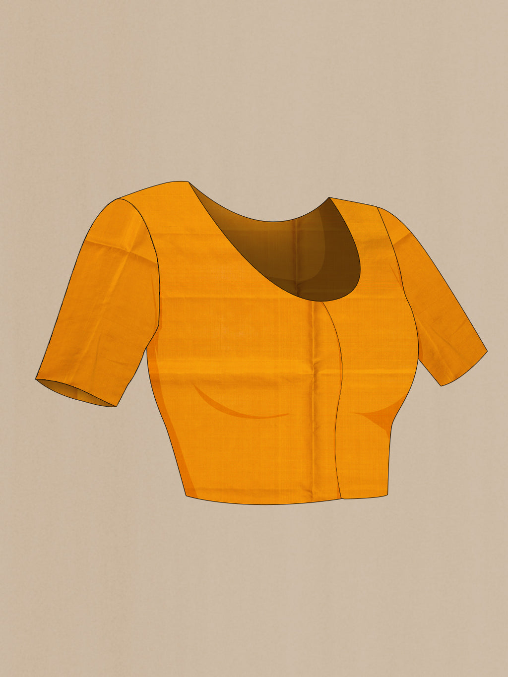 Close up image of the blouse of Mustard Dual Tone Soft Silk Saree with Zari Butta on the body and Without Border. 