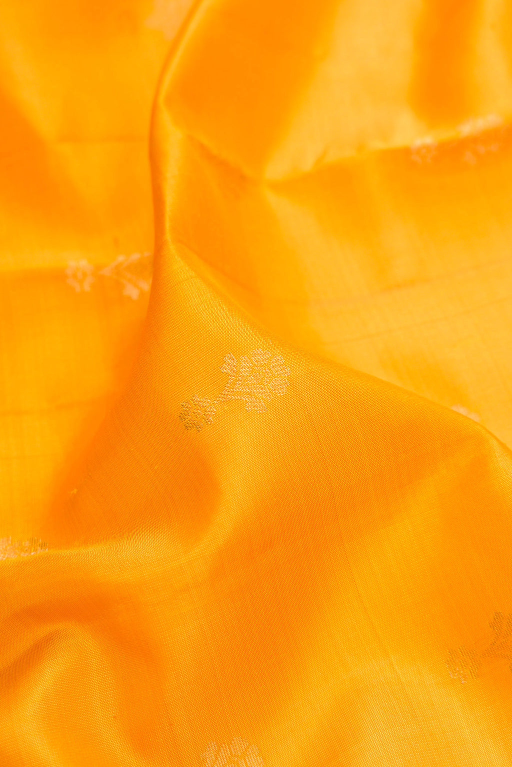 Close up of Mustard Dual Tone Soft Silk Saree with Zari Butta on the body and Zari Border.  displaying folds