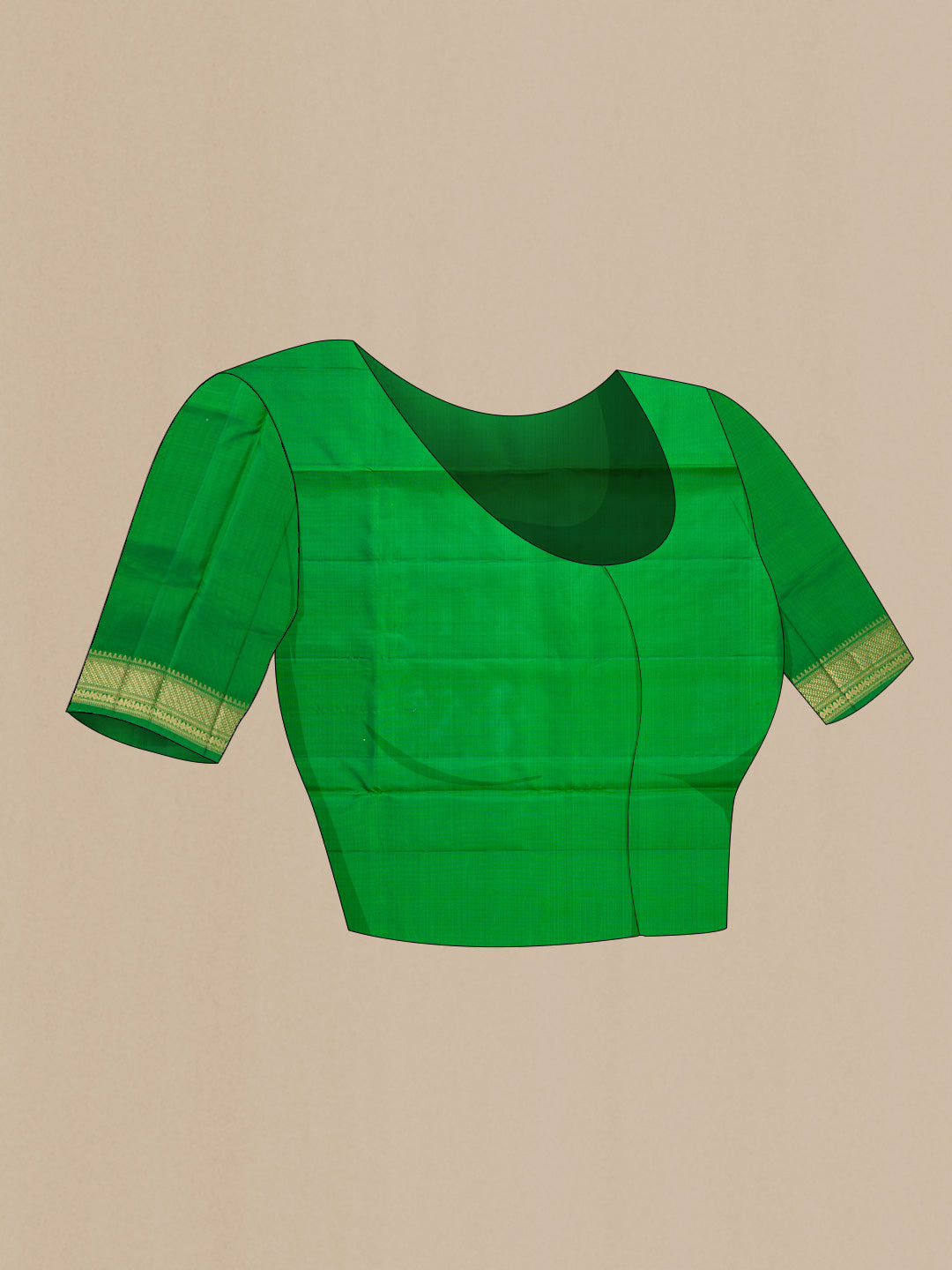 Close up image of the blouse of Green Dual Tone Soft Silk Saree with Zari Butta on the body and Zari Border. 