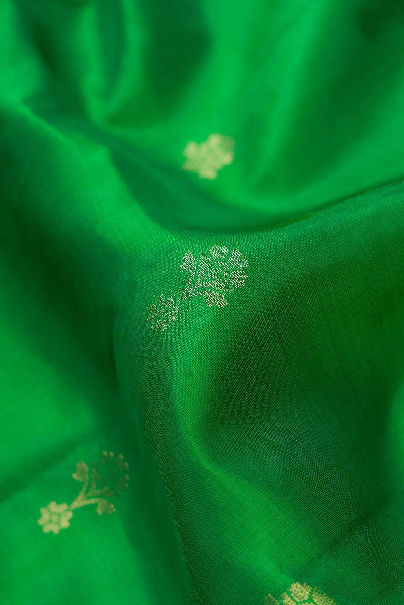 Close up of Green Dual Tone Soft Silk Saree with Zari Butta on the body and Zari Border.  displaying folds
