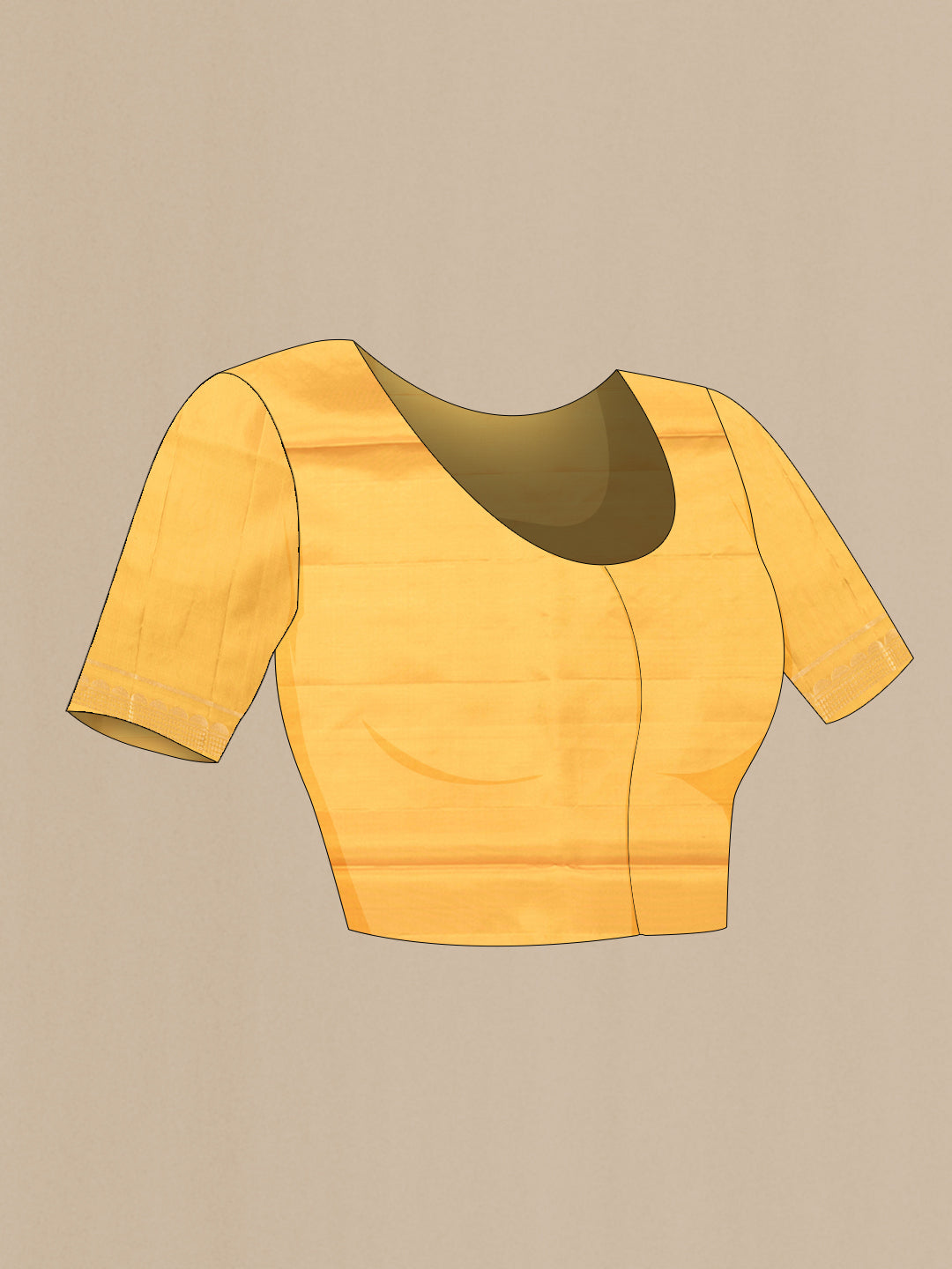Close up image of the blouse of Yellow Dual Tone Soft Silk Saree with Zari Butta on the body and Zari Border. 