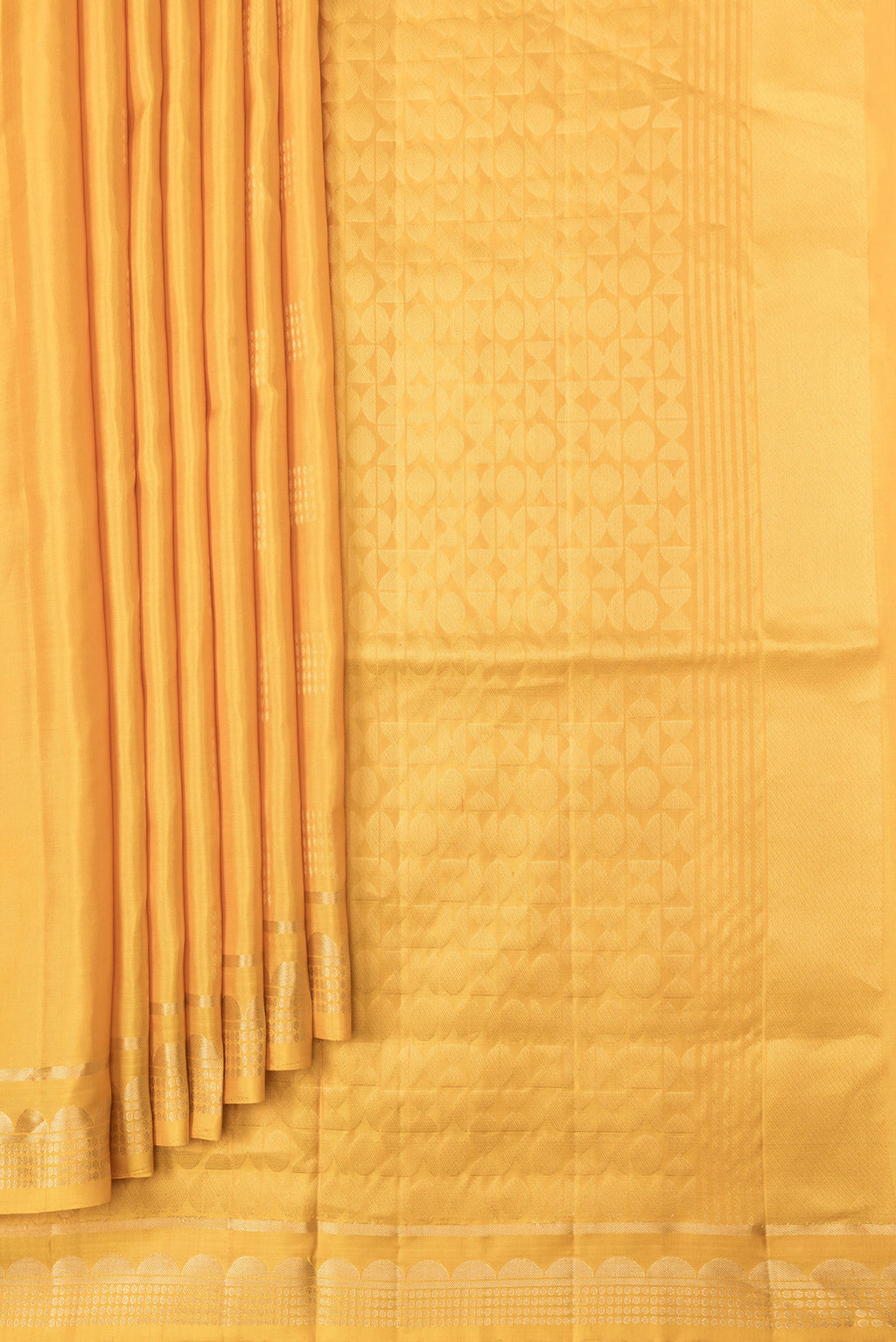 Pleats and pallu of Yellow Dual Tone Soft Silk Saree with Zari Butta on the body and Zari Border. 