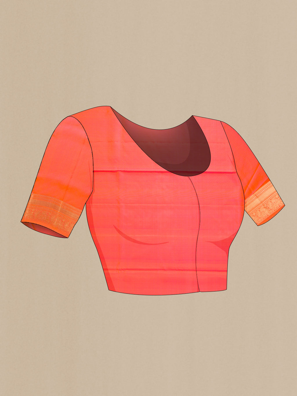 Close up image of the blouse of Orange Dual Tone Soft Silk Saree with Zari Butta on the body and Zari Border. 