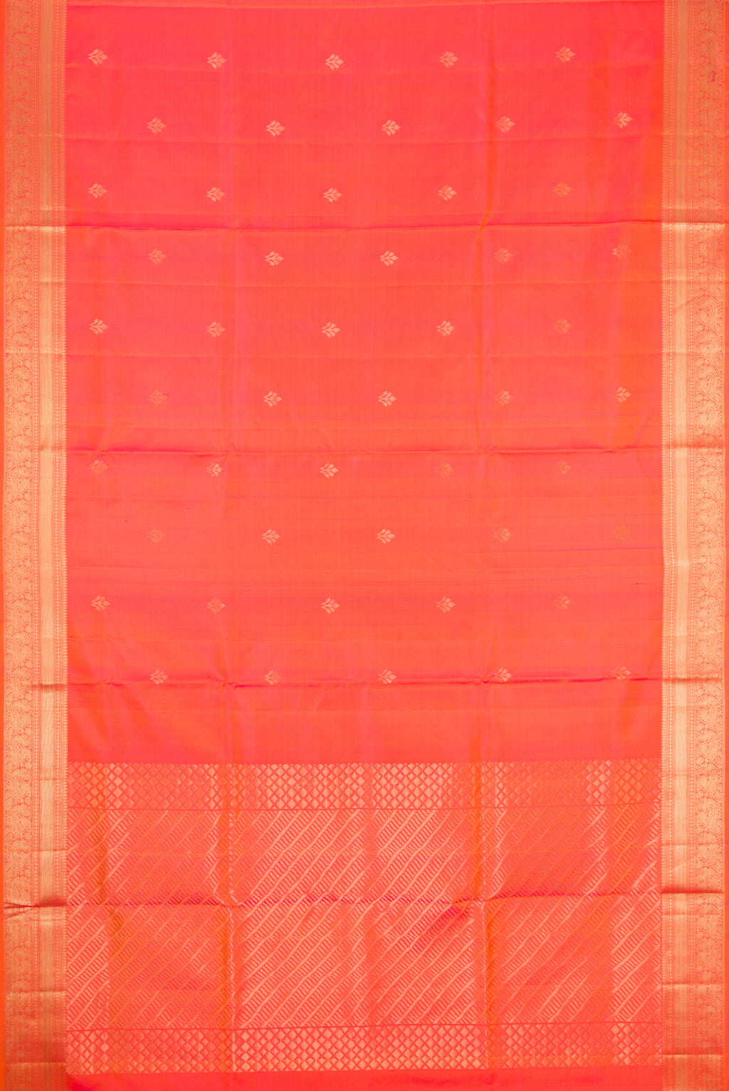 Flat view of Orange Dual Tone Soft Silk Saree with Zari Butta on the body and Zari Border. 