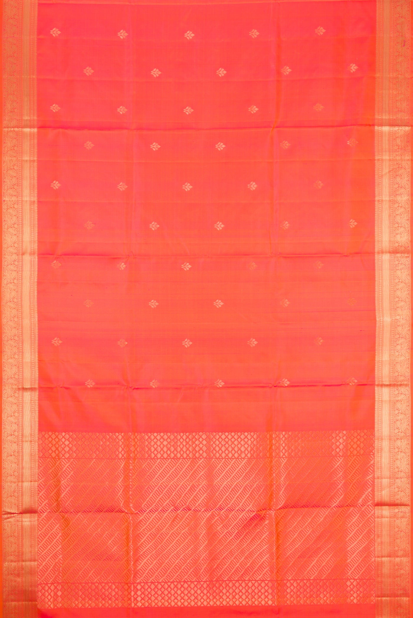 Flat view of Orange Dual Tone Soft Silk Saree with Zari Butta on the body and Zari Border. 