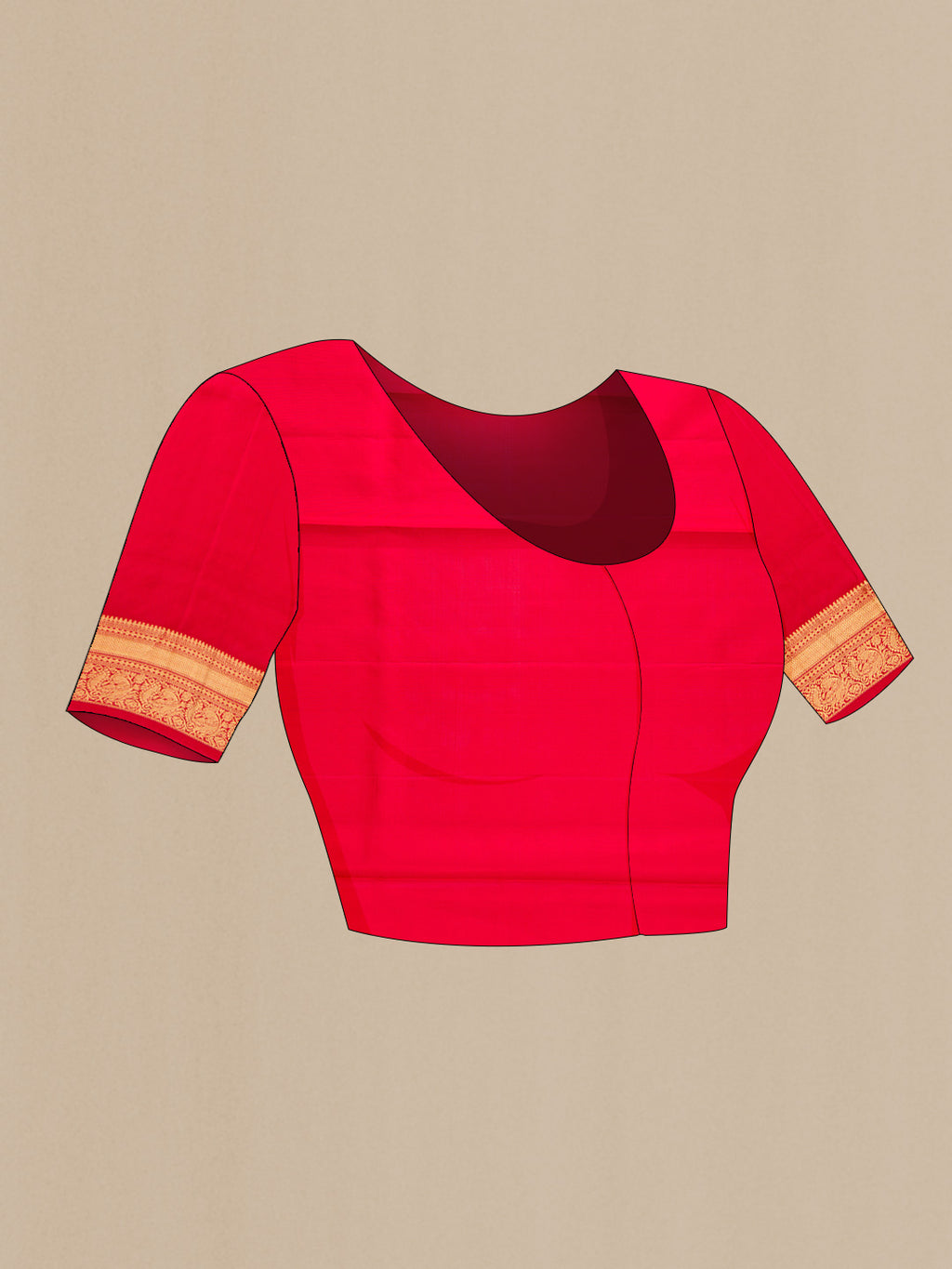 Close up image of the blouse of Red Dual Tone Soft Silk Saree with Zari Butta on the body and Zari Border. 