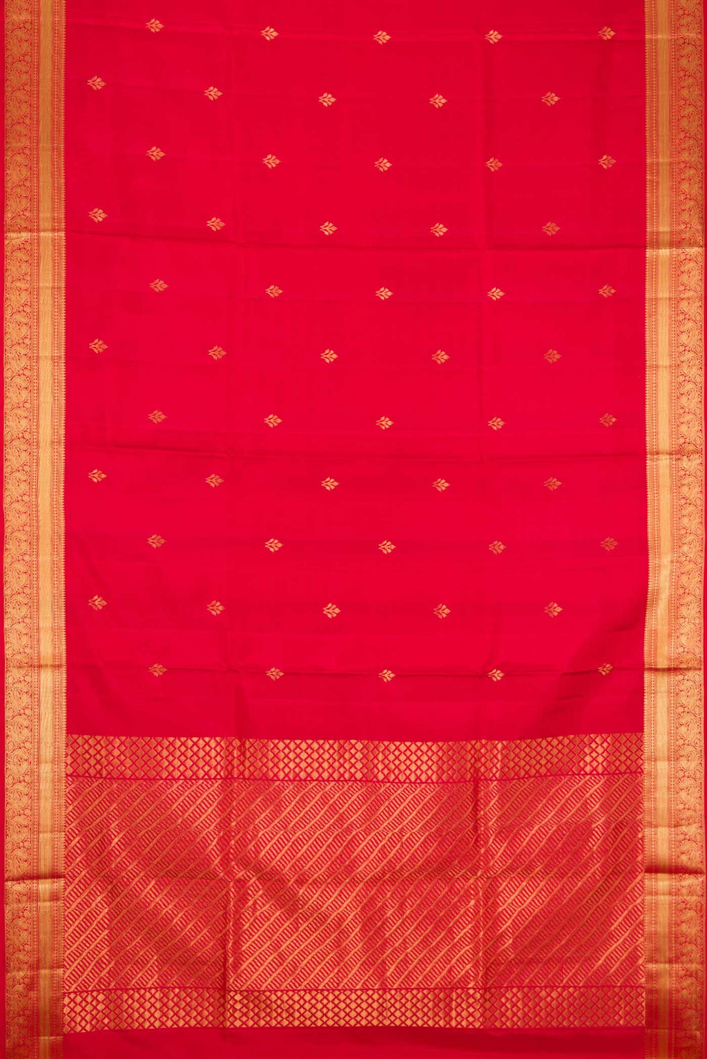 Flat view of Red Dual Tone Soft Silk Saree with Zari Butta on the body and Zari Border. 