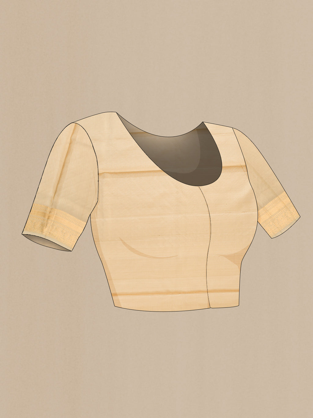 Close up image of the blouse of Beige Dual Tone Soft Silk Saree with Zari Butta on the body and Zari Border