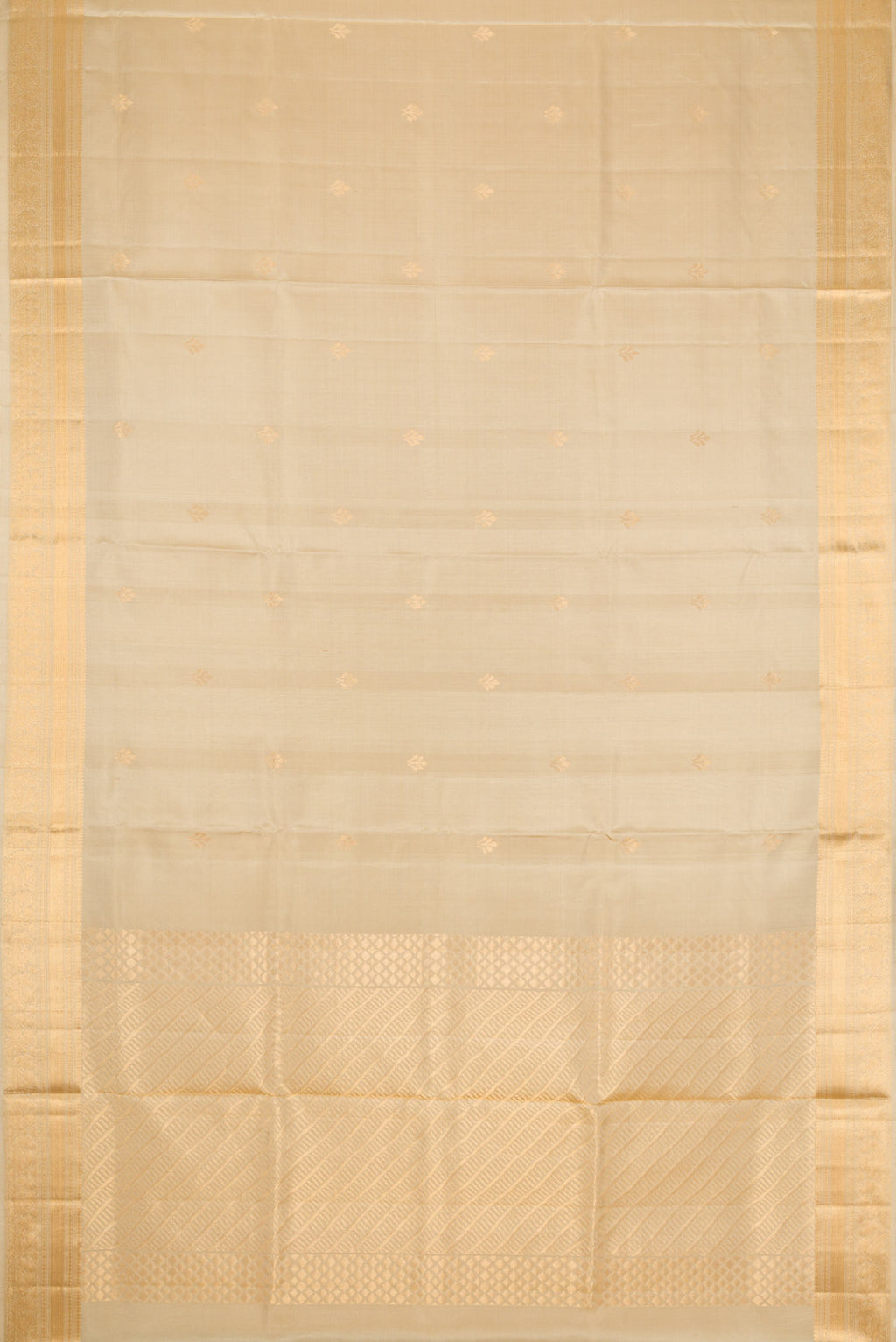 Flat view of Beige Dual Tone Soft Silk Saree with Zari Butta on the body and Zari Border