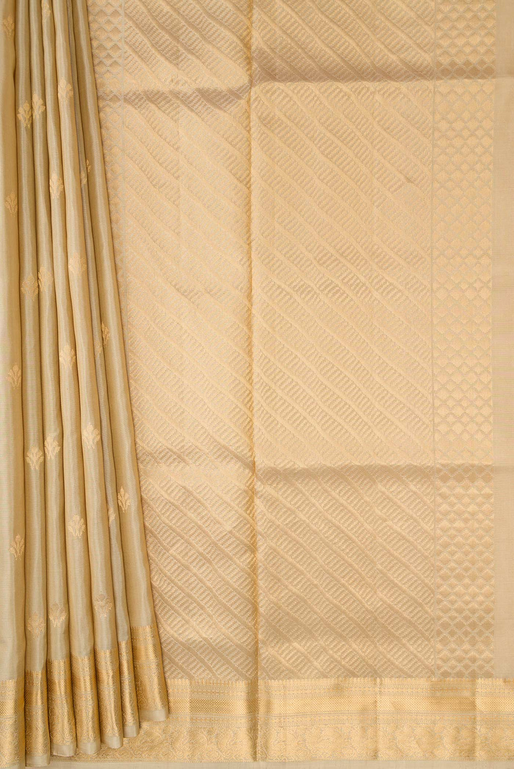 Pleats and pallu of Beige Dual Tone Soft Silk Saree with Zari Butta on the body and Zari Border