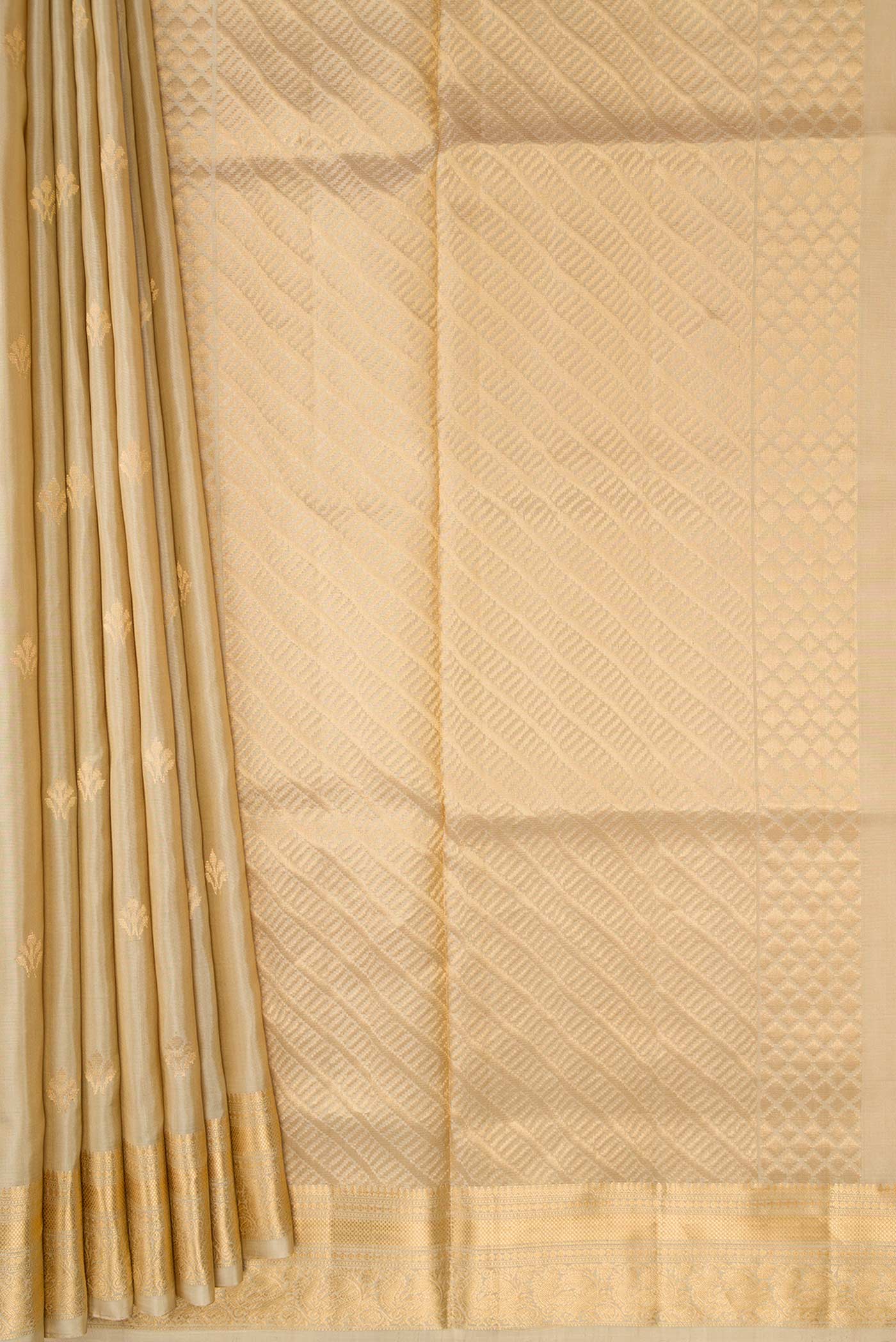 Pleats and pallu of Beige Dual Tone Soft Silk Saree with Zari Butta on the body and Zari Border