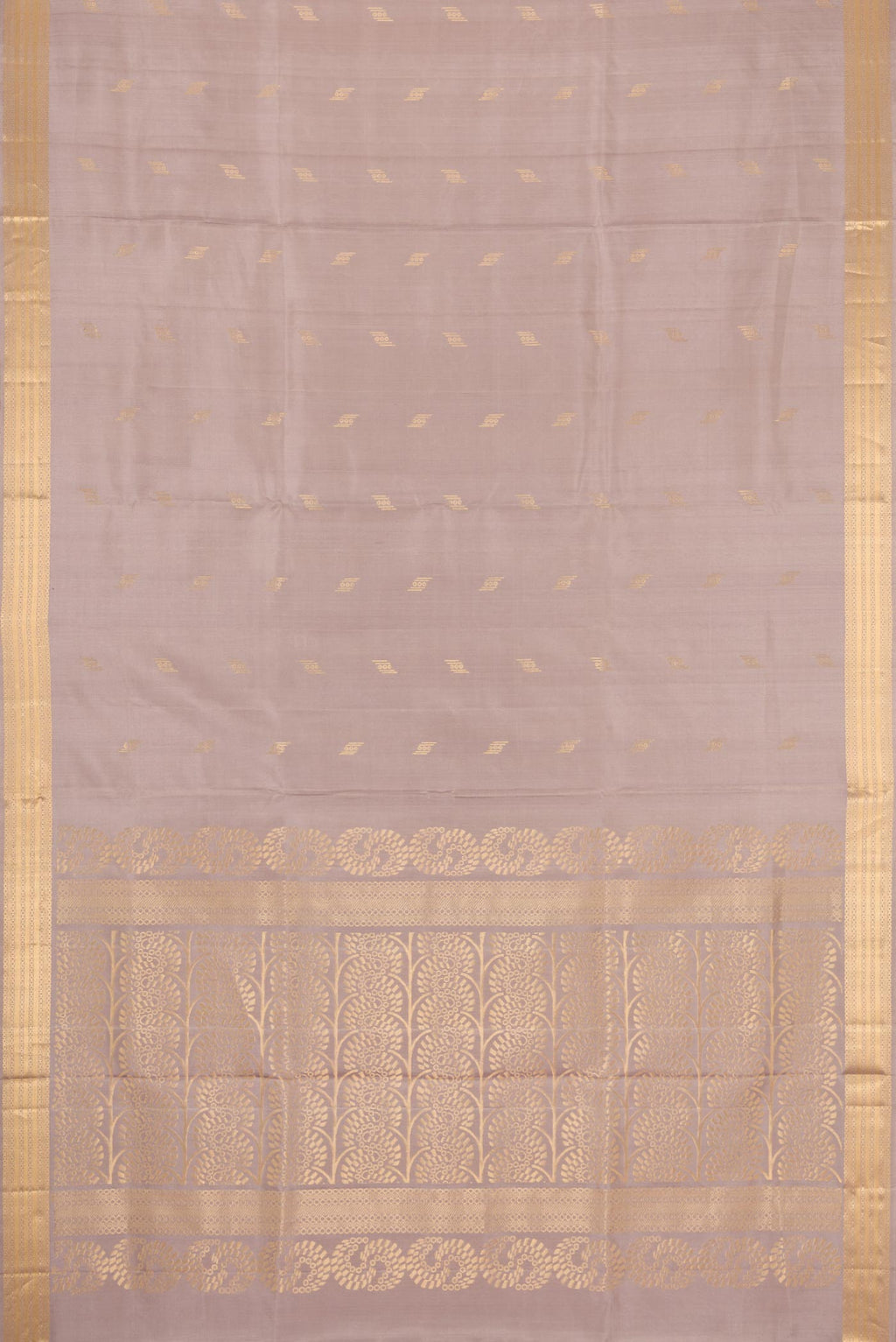 Flat view of Grey Dual Tone Soft Silk Saree with Zari Butta on the body and Zari Border. 