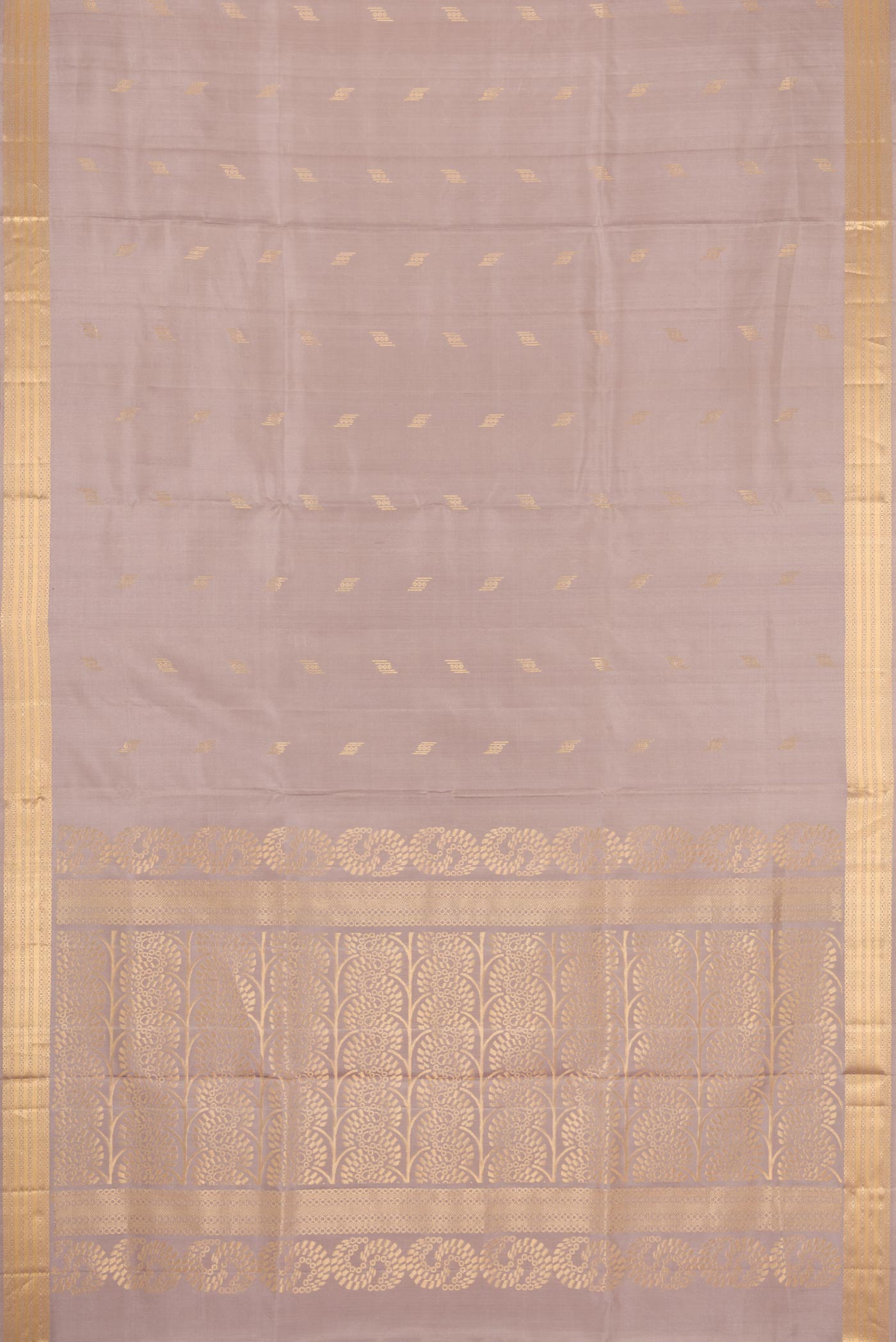 Flat view of Grey Dual Tone Soft Silk Saree with Zari Butta on the body and Zari Border. 