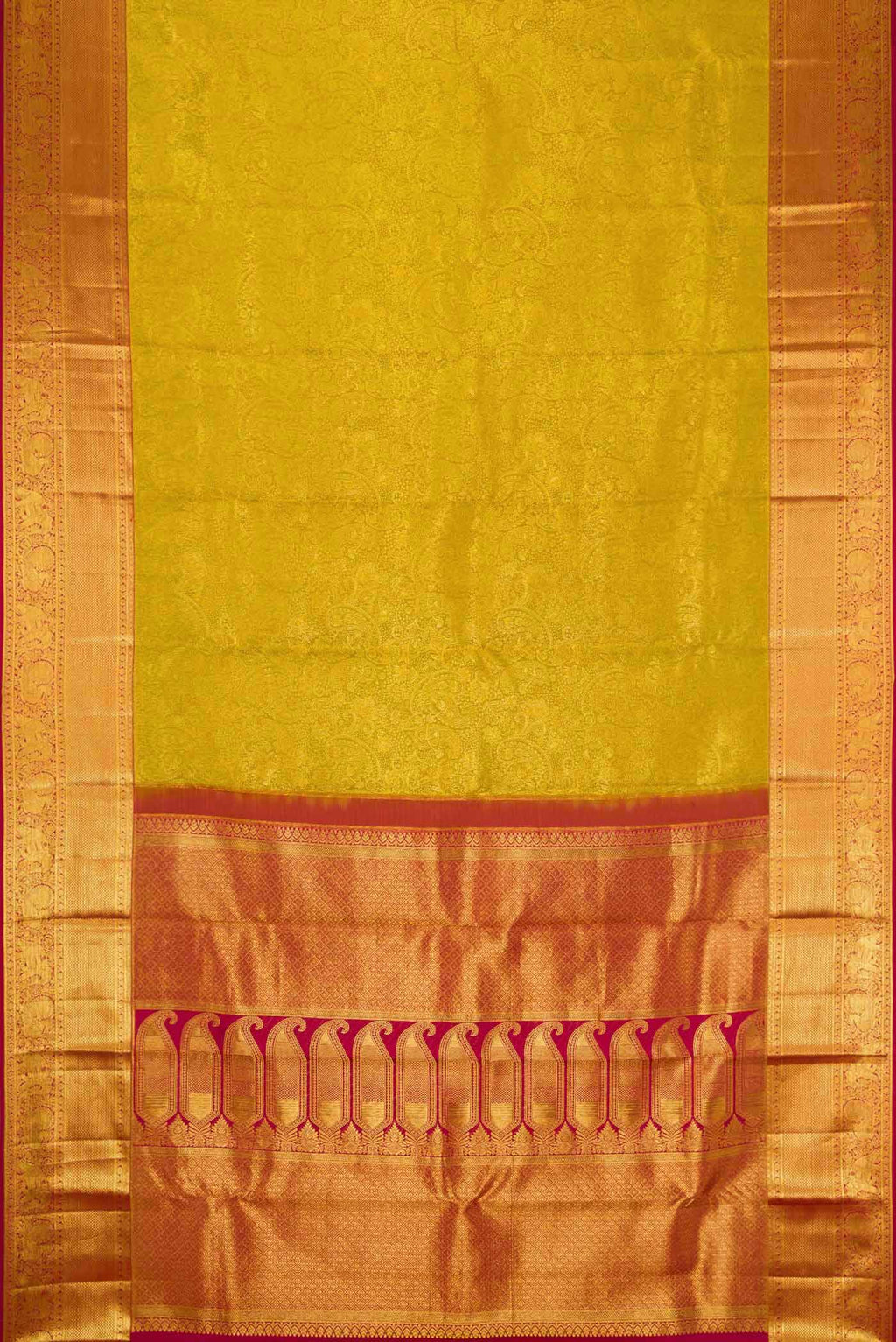 Flat view of Mehandi Green Dual Tone Kanchipuram Silk Saree with Zari Brocade on the body and Zari Border. 