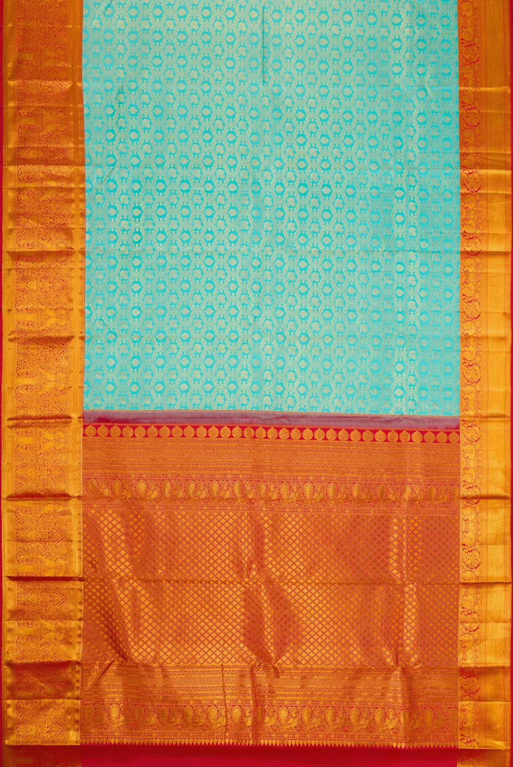 Flat view of Sky Blue Dual Tone Kanchipuram Silk Saree with Zari Brocade on the body and Zari Border. 