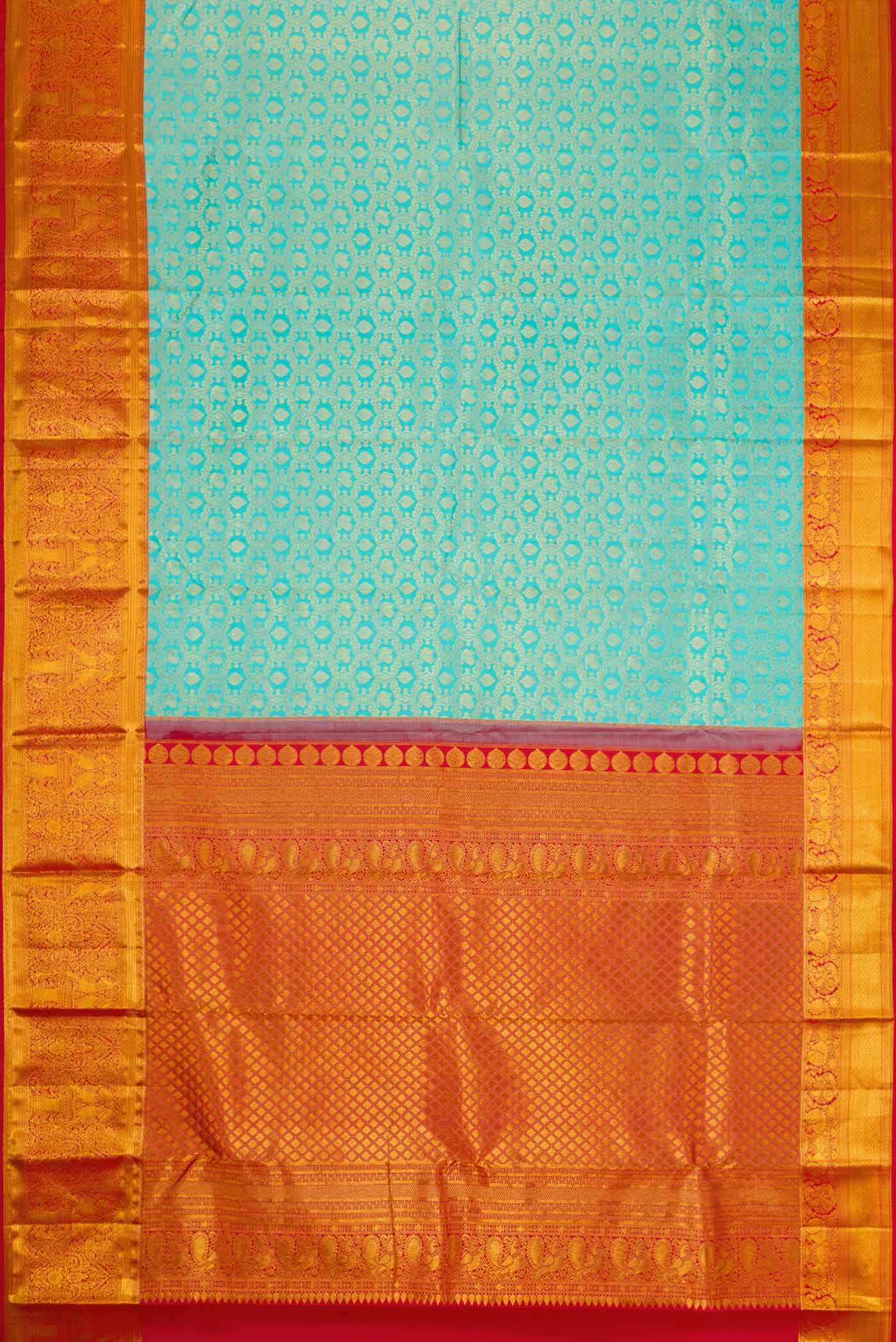 Flat view of Sky Blue Dual Tone Kanchipuram Silk Saree with Zari Brocade on the body and Zari Border. 