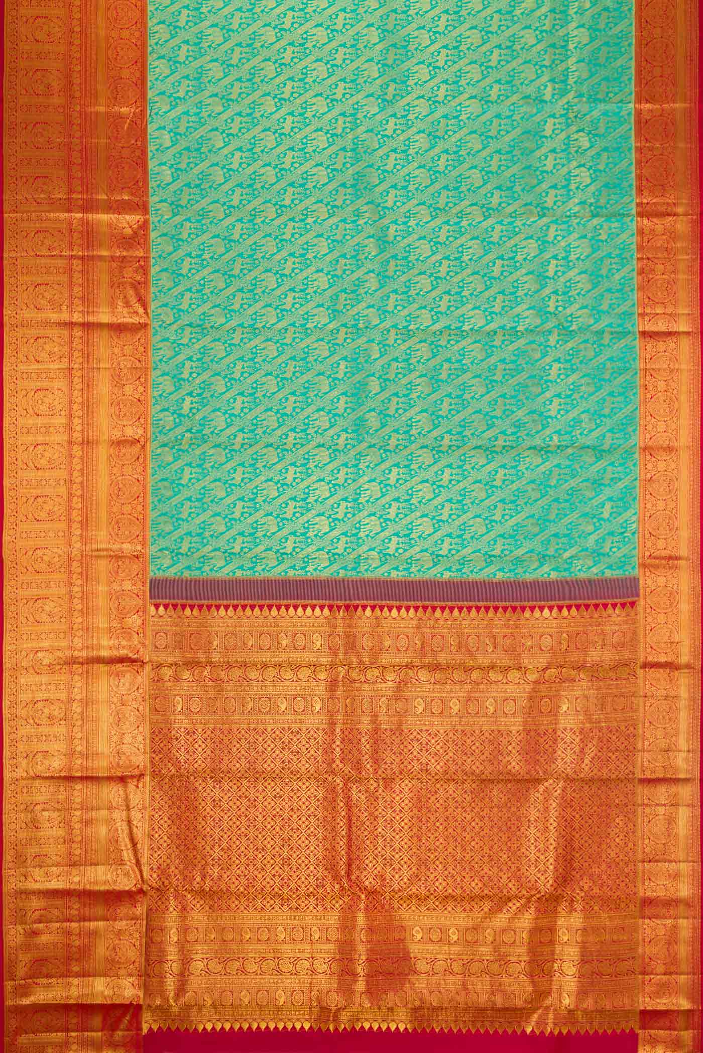 Flat view of Sea Green Dual Tone Kanchipuram Silk Saree with Zari Brocade on the body and Zari Border. 