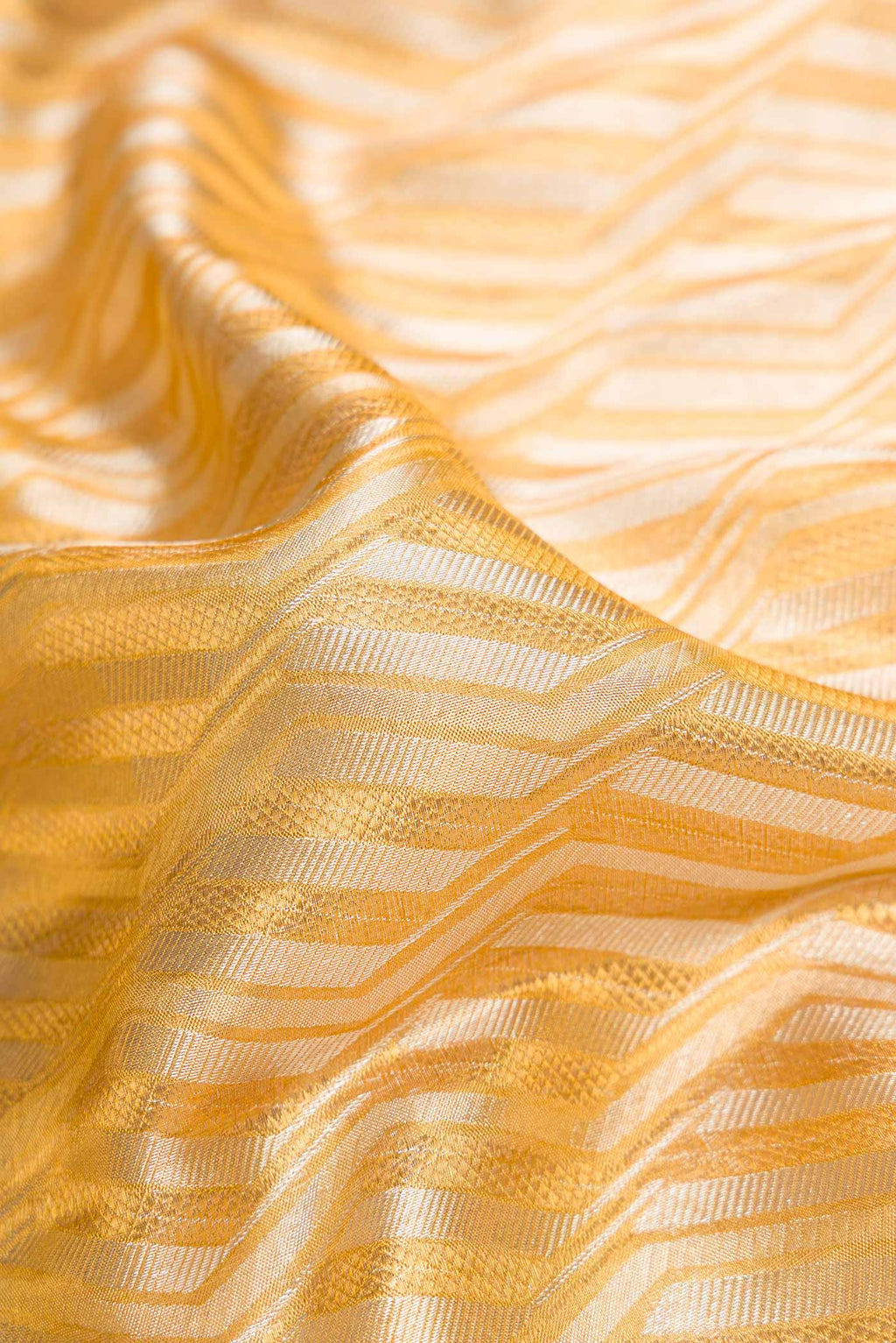 Close up of Gold Dual Tone Kanjivaram Tissue Silk Saree with Zari Brocade on the body and Zari Border.  displaying folds