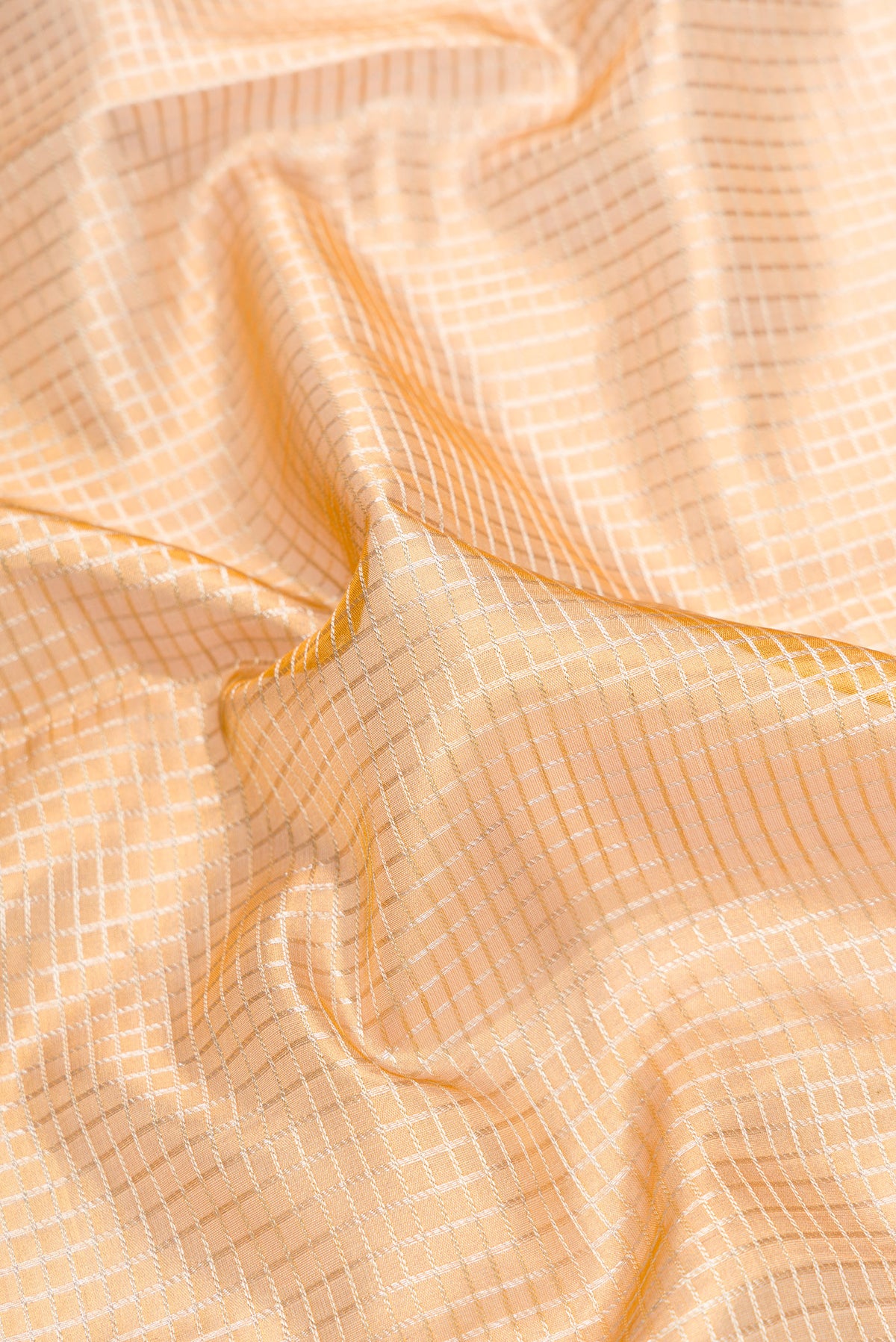 Close up of Gold Dual Tone Kanjivaram Tissue Silk Saree with Zari Brocade on the body and Zari Border.  displaying folds