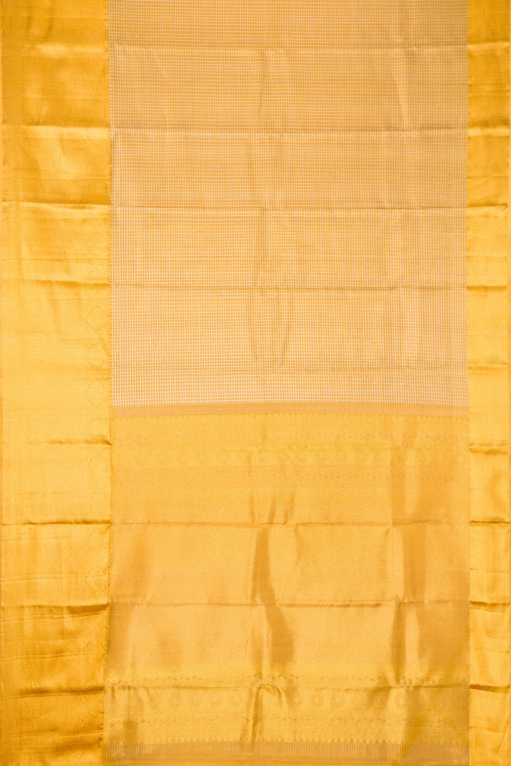 Flat view of Gold Dual Tone Kanjivaram Tissue Silk Saree with Zari Brocade on the body and Zari Border. 