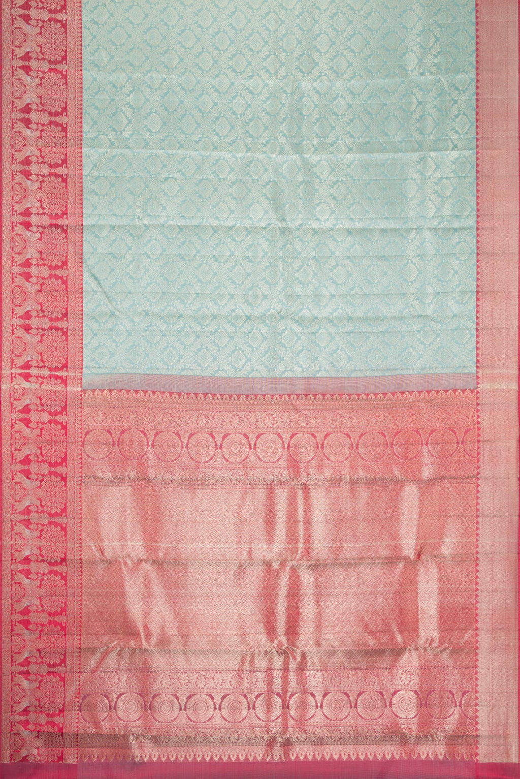 Flat view of Maya Blue Dual Tone Kanjivaram Silk Saree with Zari Brocade on the body and Fancy Border. 